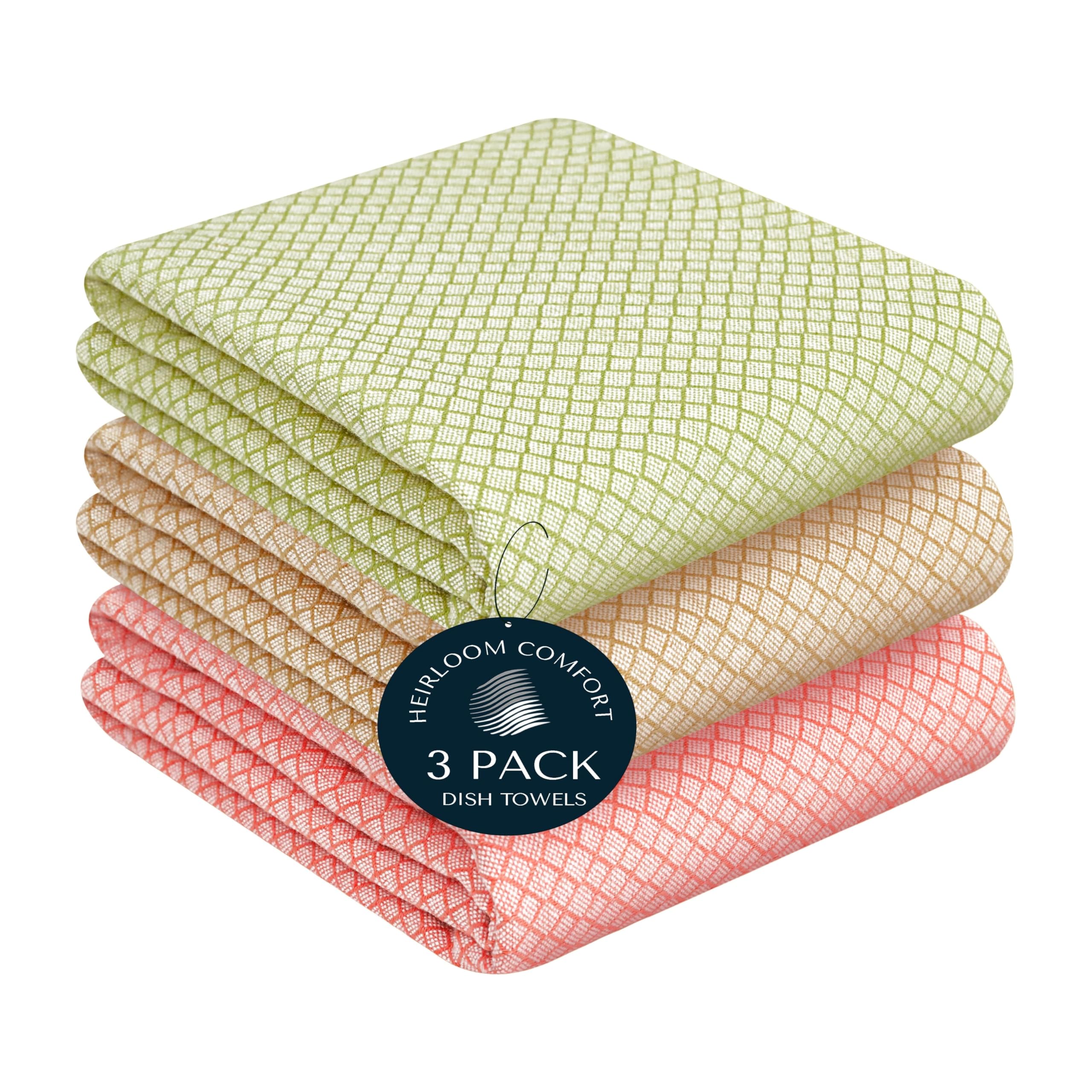 HEIRLOOM COMFORT Multi Honeycomb Dish Towels 6 Pack, 40x66 cm, 100% Cotton, Super Absorbent, Quick Dry, Reusable, Durable Kitchen Towels for Drying, Cleaning & Everyday Use - Green, Kakhi, Orange
