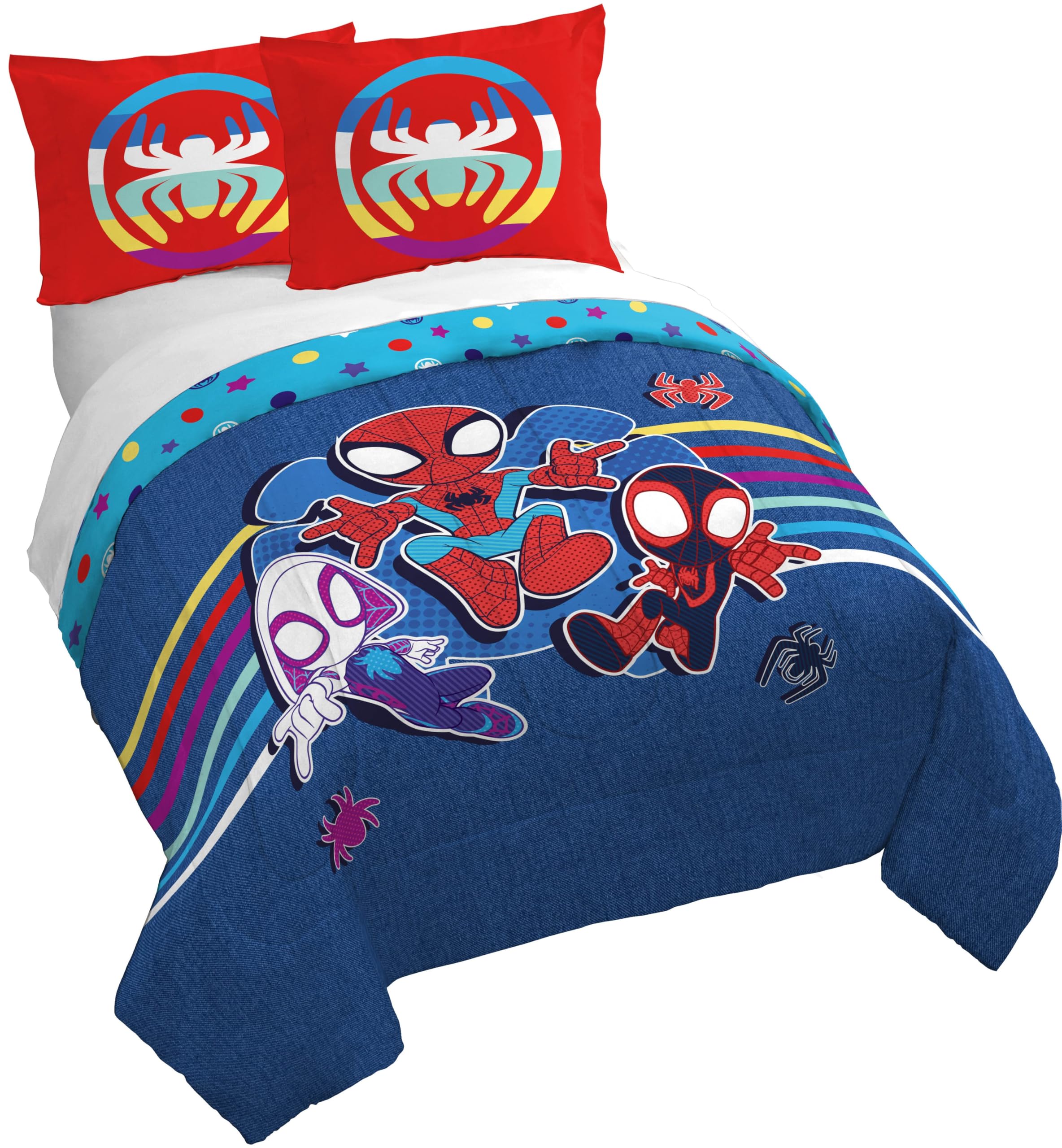 Jay Franco Kids Duvet Cover Set – 3 Piece Super Soft Bedding with Sham Pillowcase, Cover ONLY Comforter Not Included, Blue - Spidey & Friends, Queen