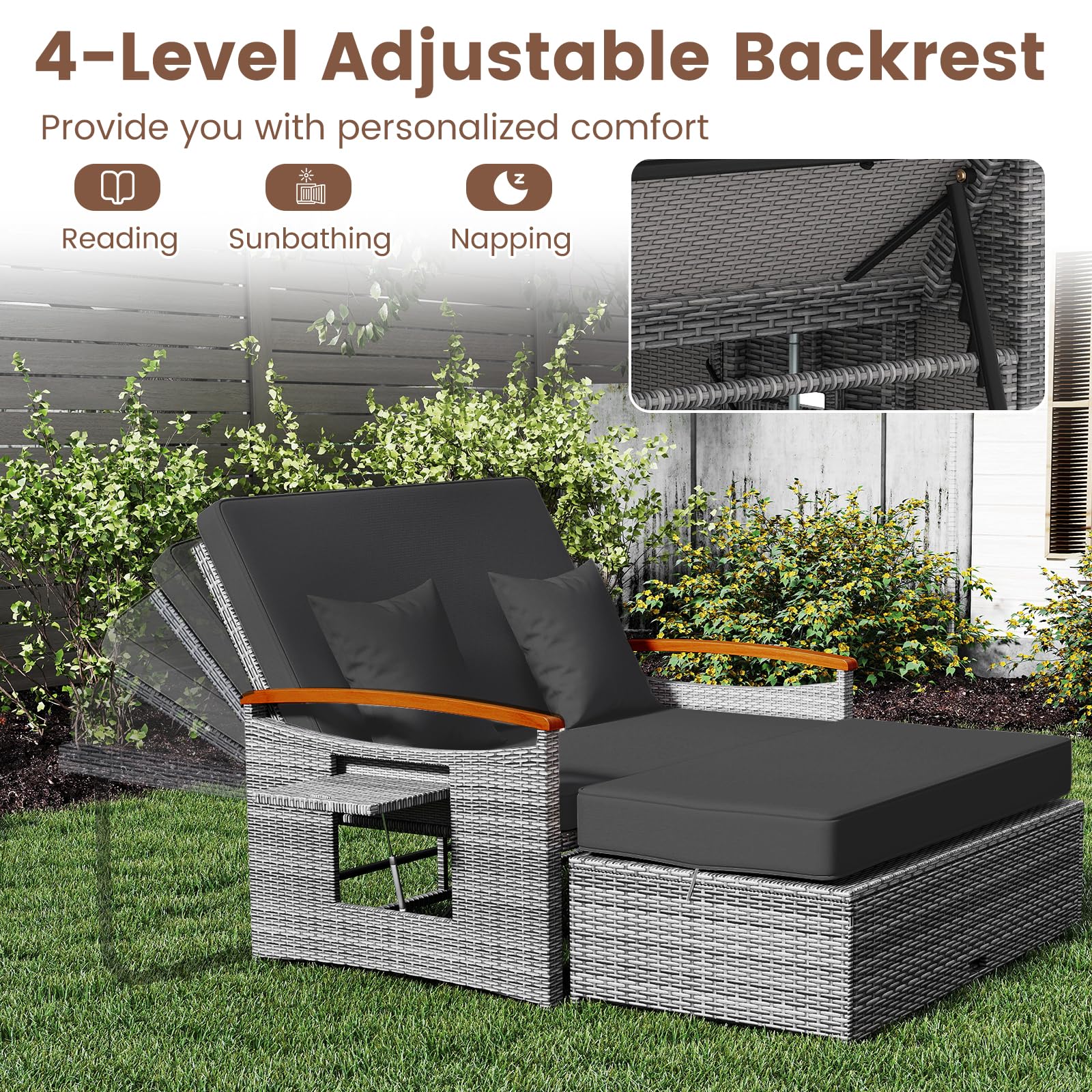 GIANTEX Meuble Extérieur 2 Pièces en Rotin PE avec Ottoman (Gris + Noir)