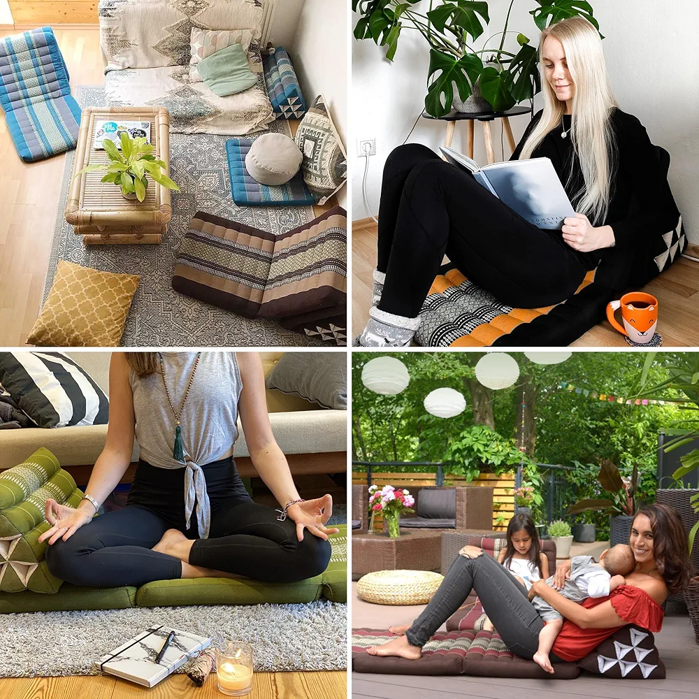 Coussin Thai Livasia 175x50x8cm - 3 Blocs En Kapok Naturel - Fait Main En Thaïlande - Bleu/Éléphants