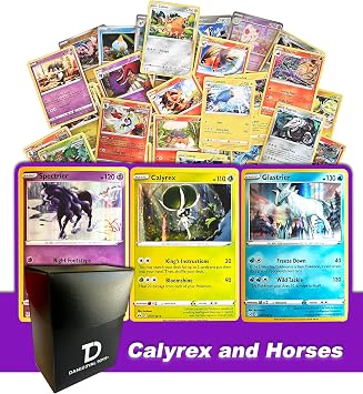 Dan123yal Calyrex and Steeds TCG Random Assortment Bundle || Calyrex & Steeds + 6 Holographic Cards + 6 High HP Cards Deck Box