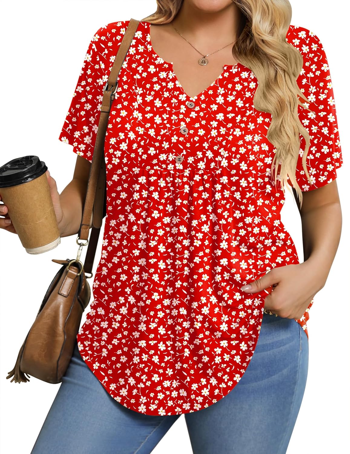 IN'VOLAND Womens Plus Size Tunic Top Summer Short Sleeve T-Shirt V-neck Button Up Dressy Blouse Casual Pleated Pullover 1X-5X