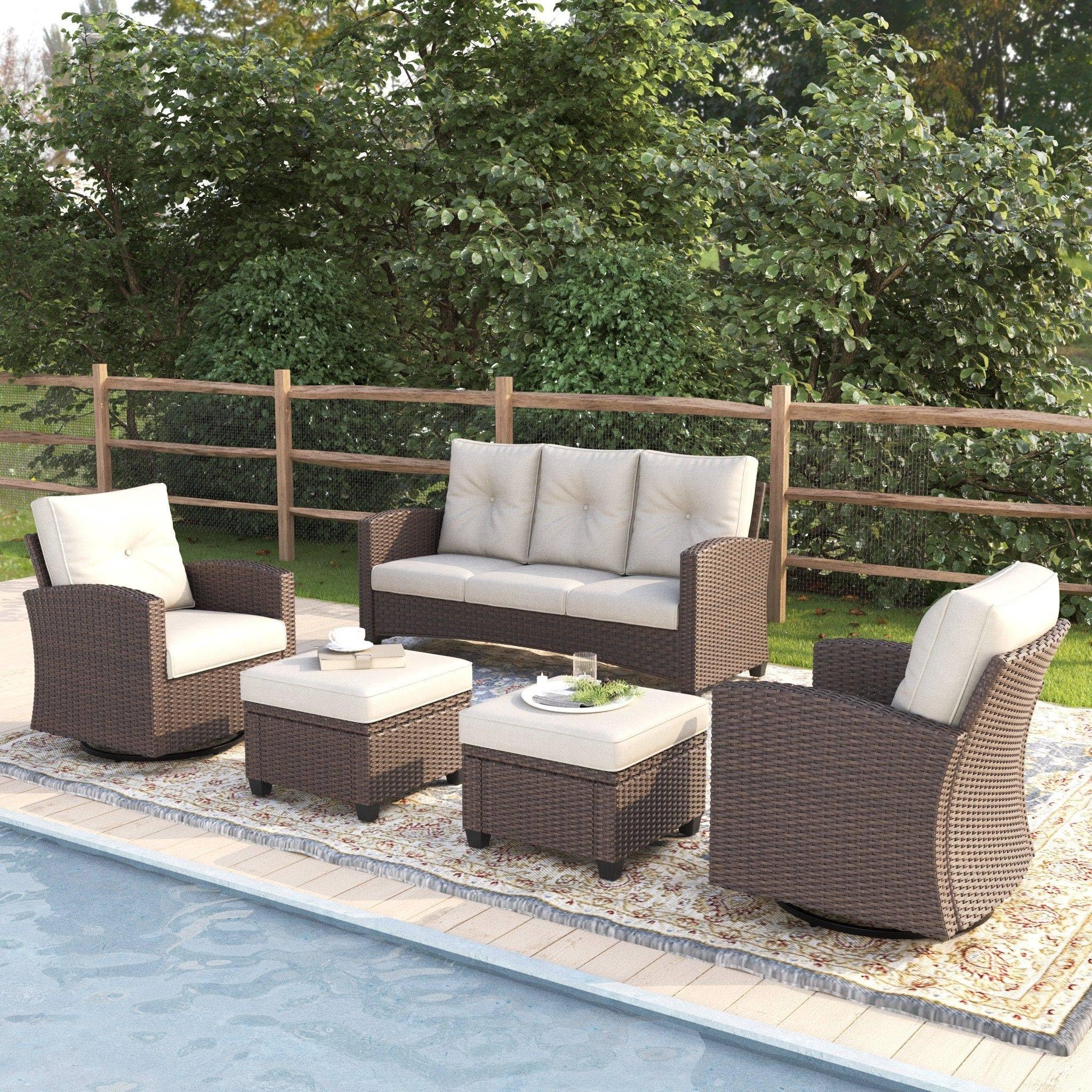 Vakollia 5 Pieces Patio Furniture Swivel Chairs Set, Outdoor Wicker Glider Rocking Chairs with Sofa Set