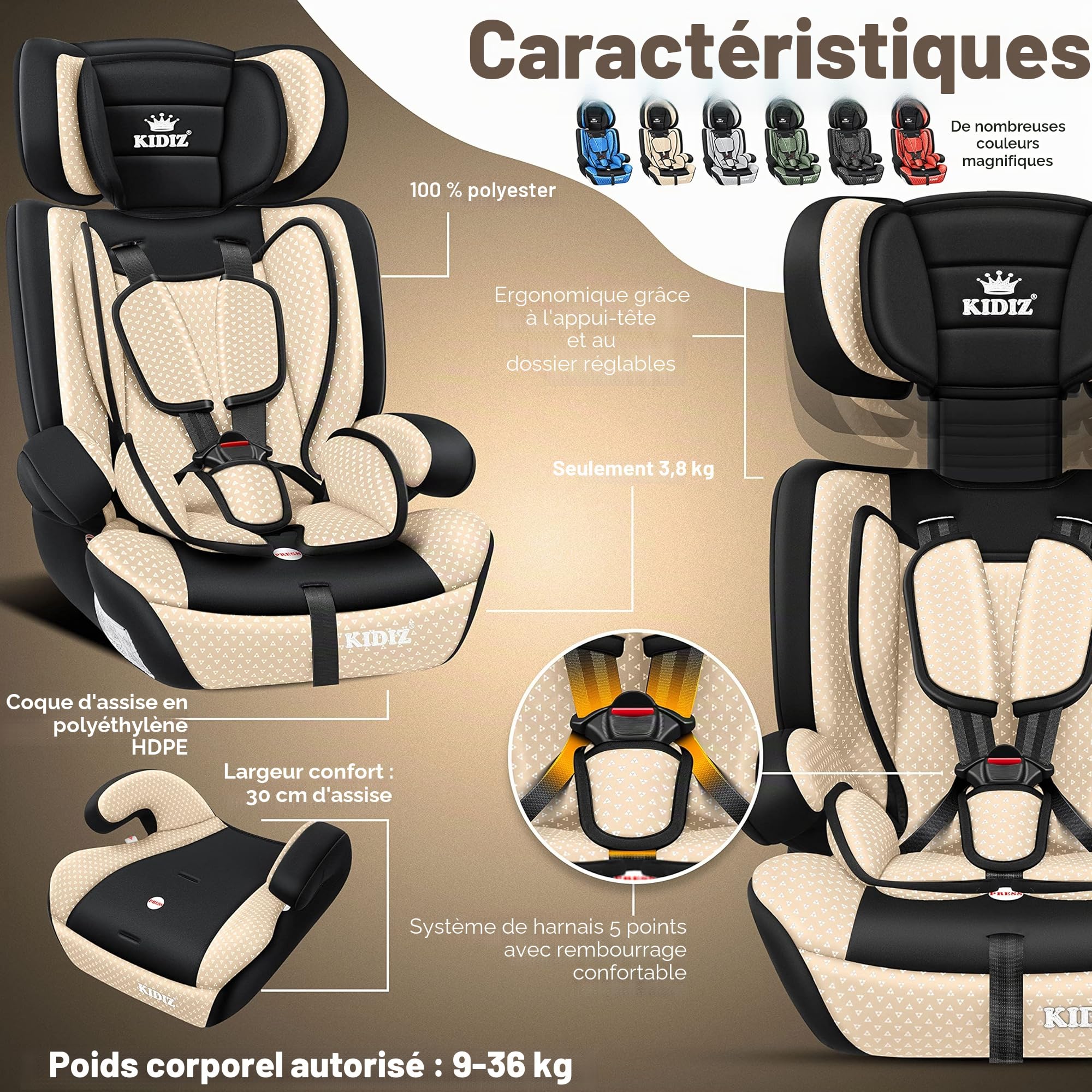 KIDIZ® Siège auto enfant | coque de siège auto | 9-36 kg 1-12 ans | Groupe 1/2/3 | universel | homologué selon ECE R44/04 | 6 couleurs différentes, Beige
