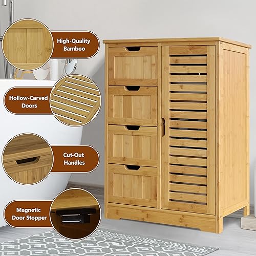 Miniatura 5 de VEIKOU Bathroom Floor Storage Cabinet with 4 Drawers, Freestanding Bamboo Cabinet with 2 Removable Shelves, 24" W x 12" D x 33" H, Living Room