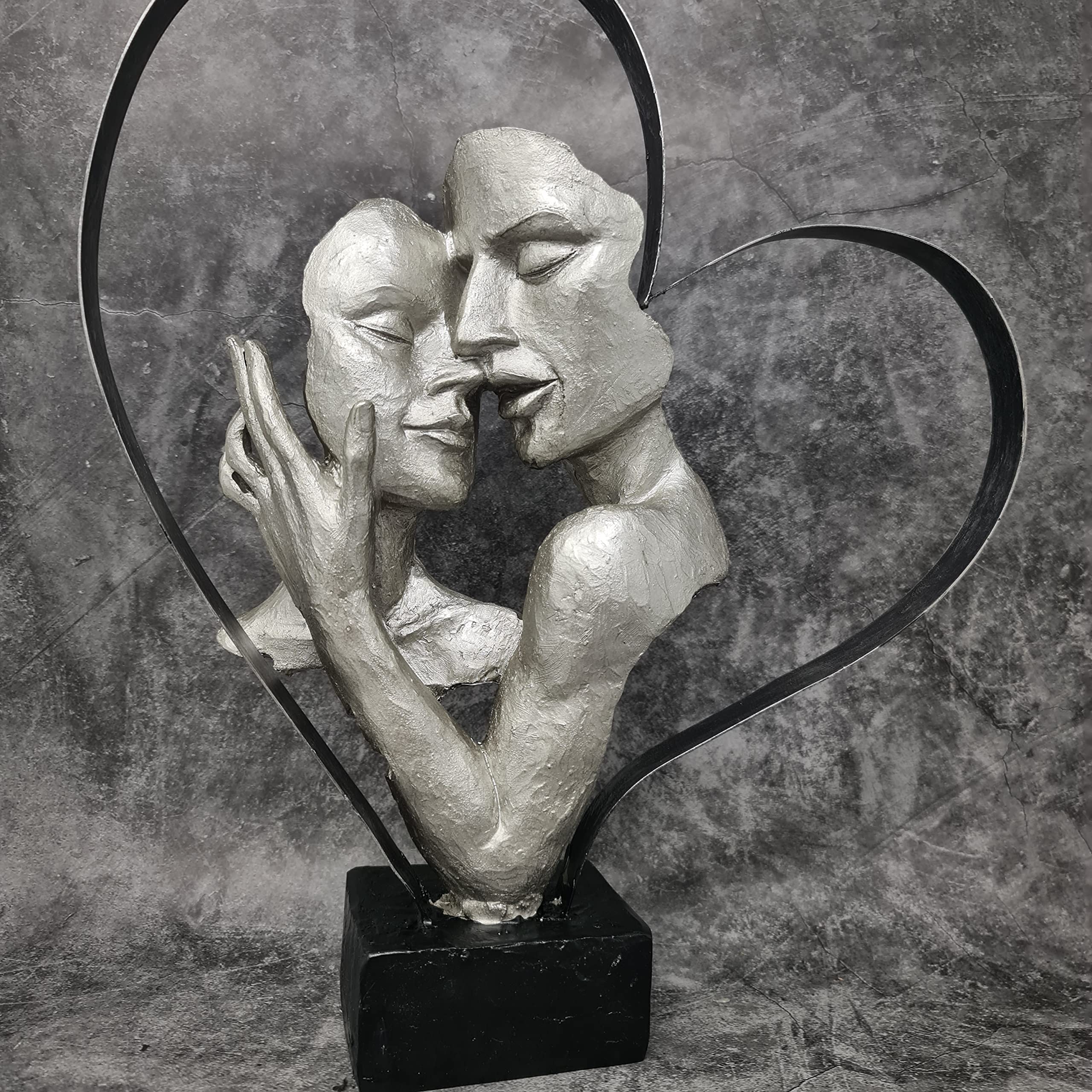 Sculpture Céramique Couple Amoureux - Déco Moderne Blanc/Argent - 32 Cm