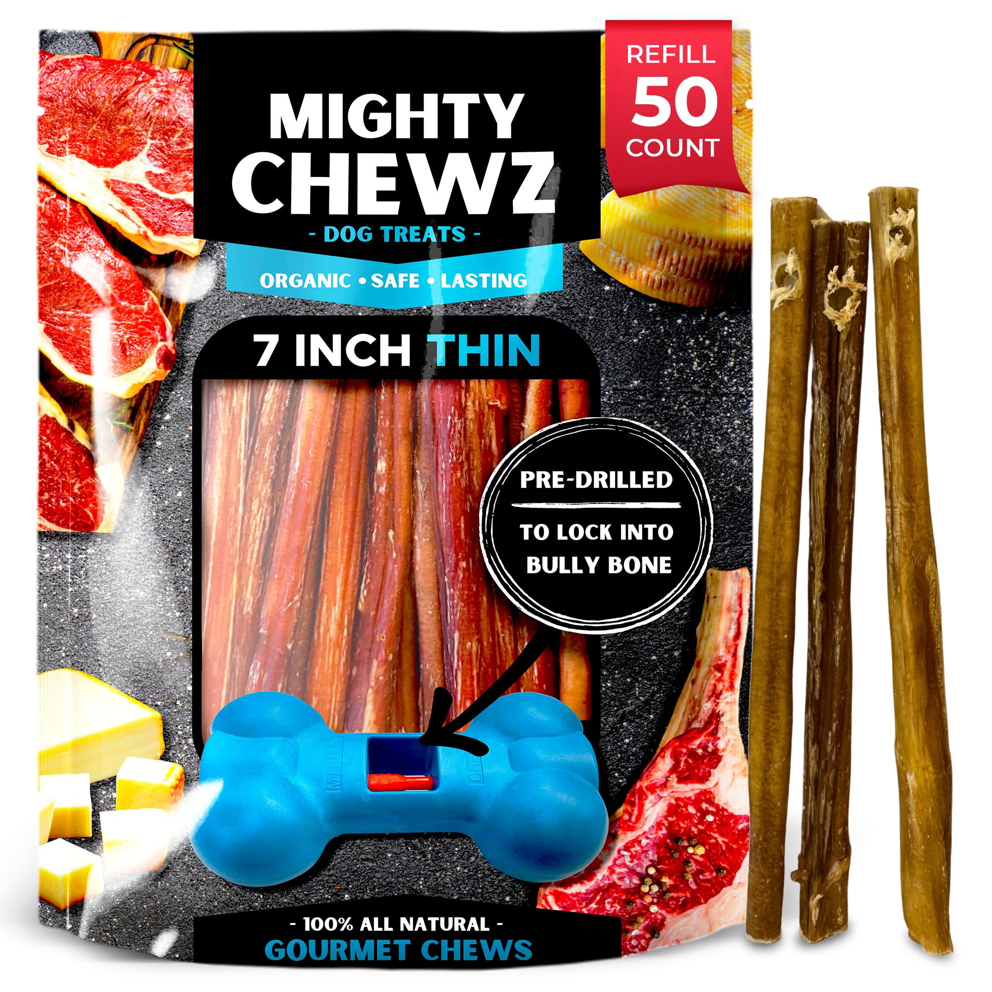 MIGHTY CHEWZ 7" Thin Bully Sticks 50 Pack Refill - No Choking/All Natural Pizzle Sticks