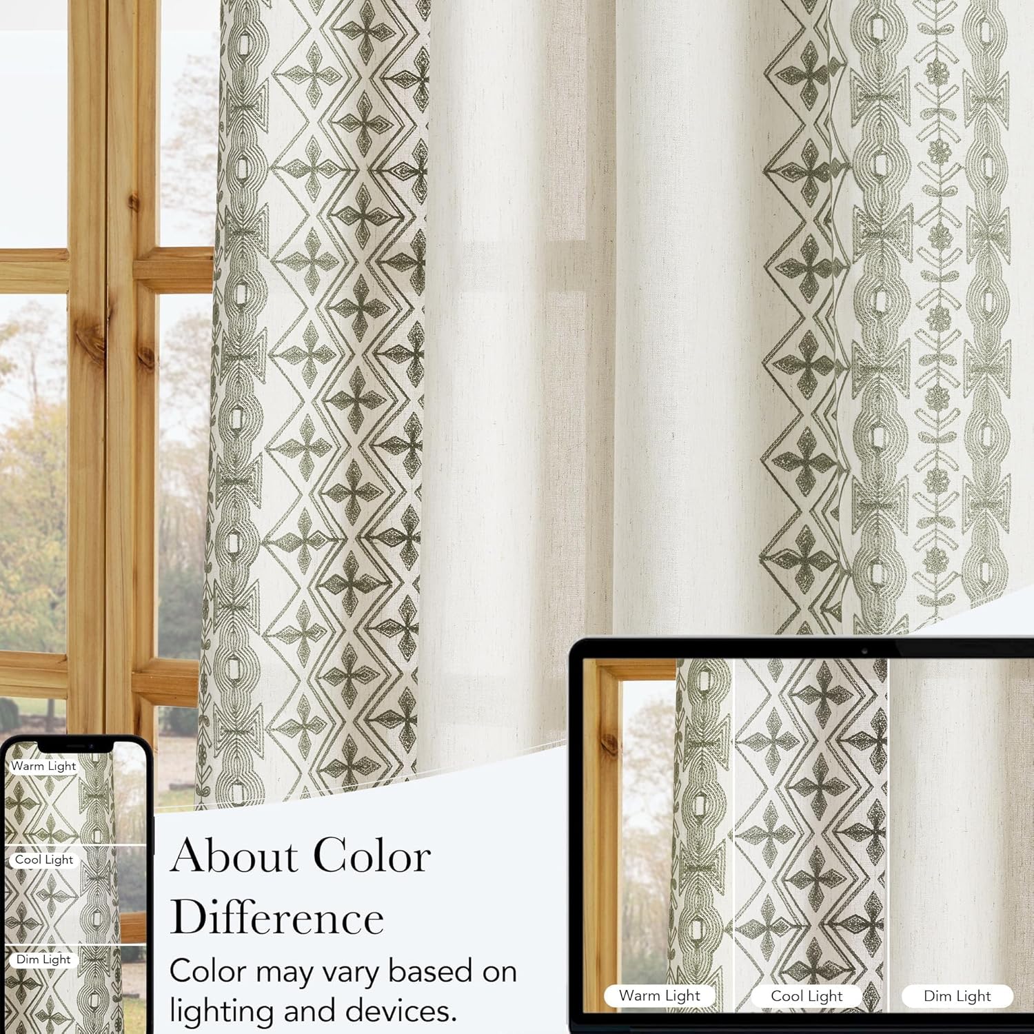 NICETOWN 102" Long Sage Green Embroidered Trim Cream Linen Curtains 2 Panels - Gorgeous Wall Decoration Floor to Ceiling Drapes for Living Room, Boho Style Bronze Grommet Top, W52 x L102