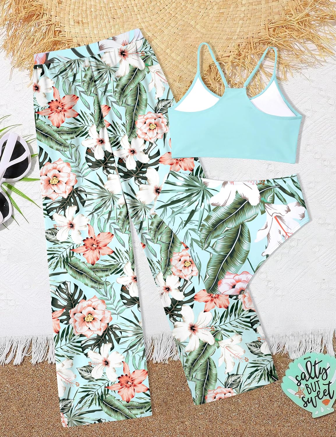 NECIOUS Girls Swimsuit, 3 Piece Bikini Bathing Suit Tropical Floral Swimwear with Cover Up Pants 7-16Y - Image 5