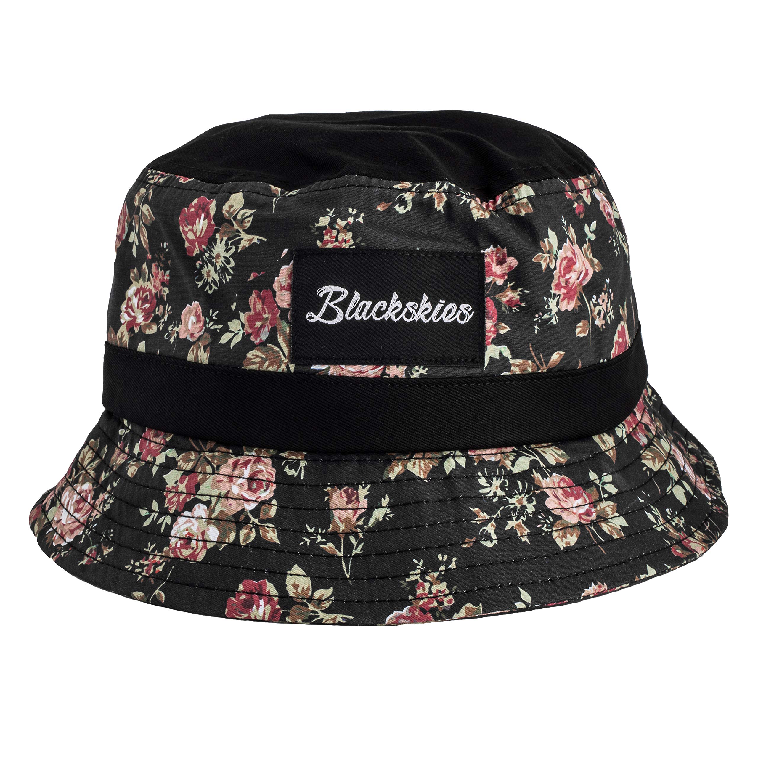 Blackskies Bucket Hat Unisex Sonnenhut Fischerhut Schwarz Weiß mit Blumenmuster