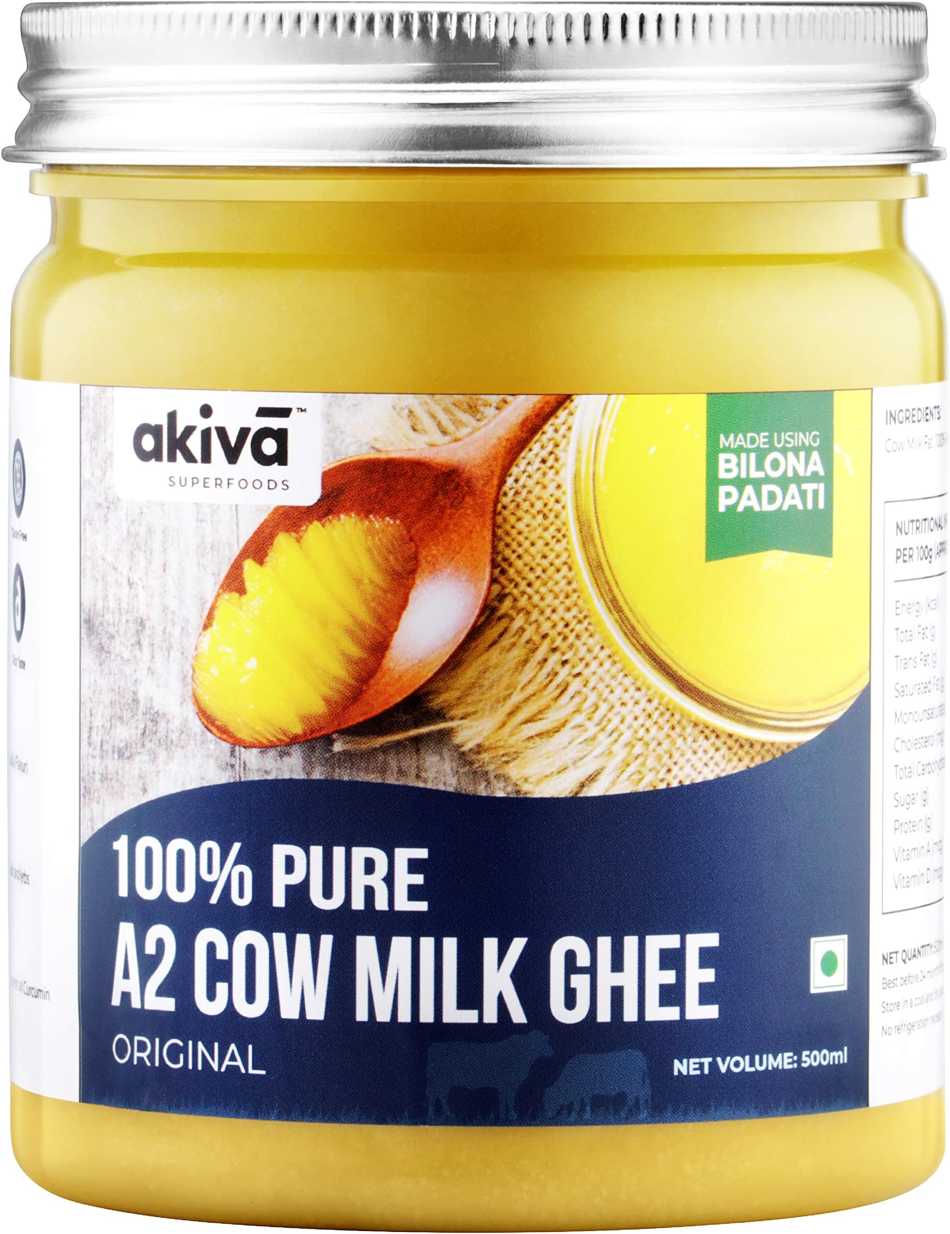 Akiva Superfoods A2 Cow Ghee from Grass-Fed Desi Sahiwal Cow's Milk, 500 ml - 100% Pure - Made from Curd by Traditional Vedic Bilona Padati (Method) - Non-GMO - Gluten-Free