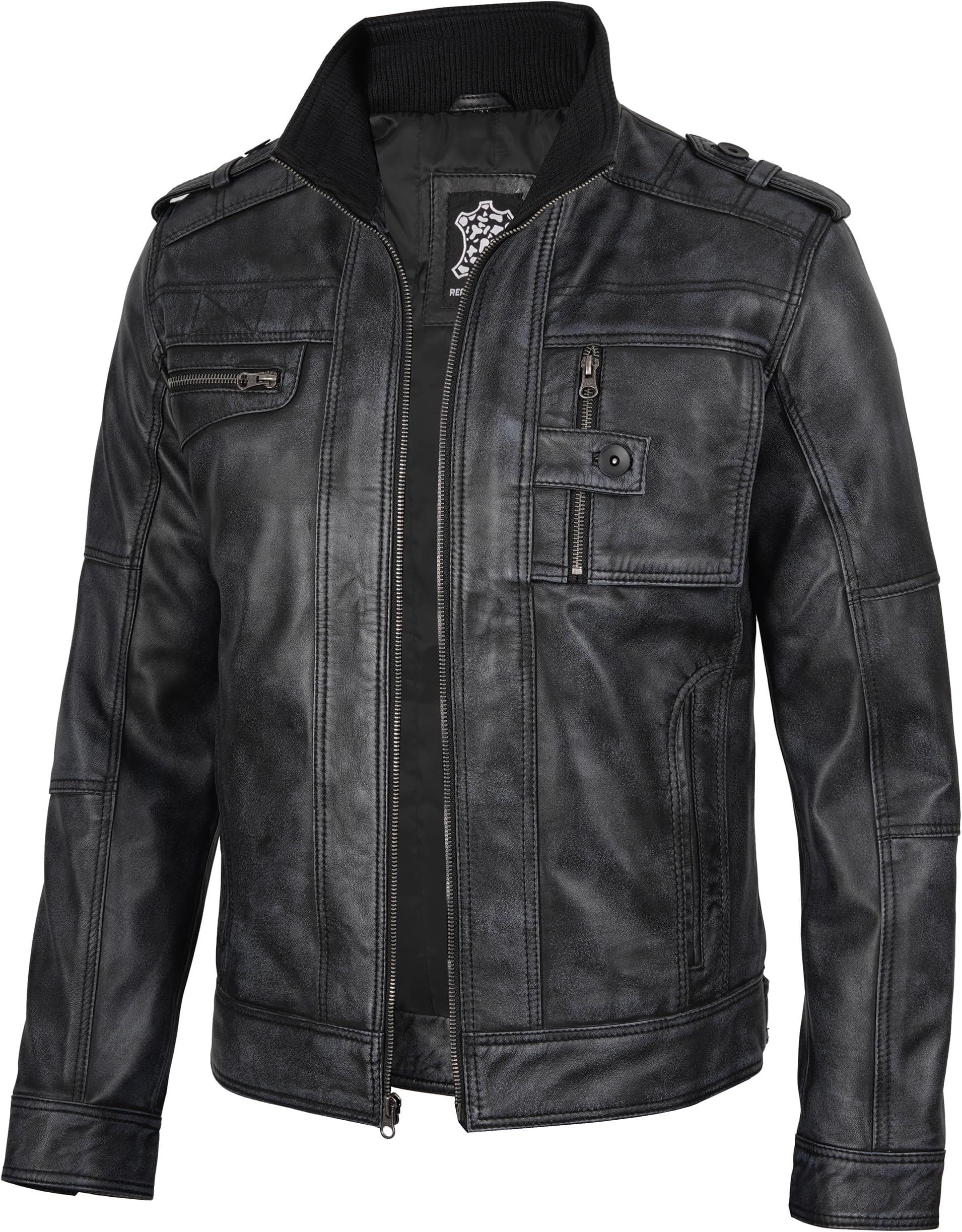 Blingsoul Stylish Black & Brown Cafe Racer Leather Jacket For Men - Real Lambskin Leather Motorcycle Jacket Mens
