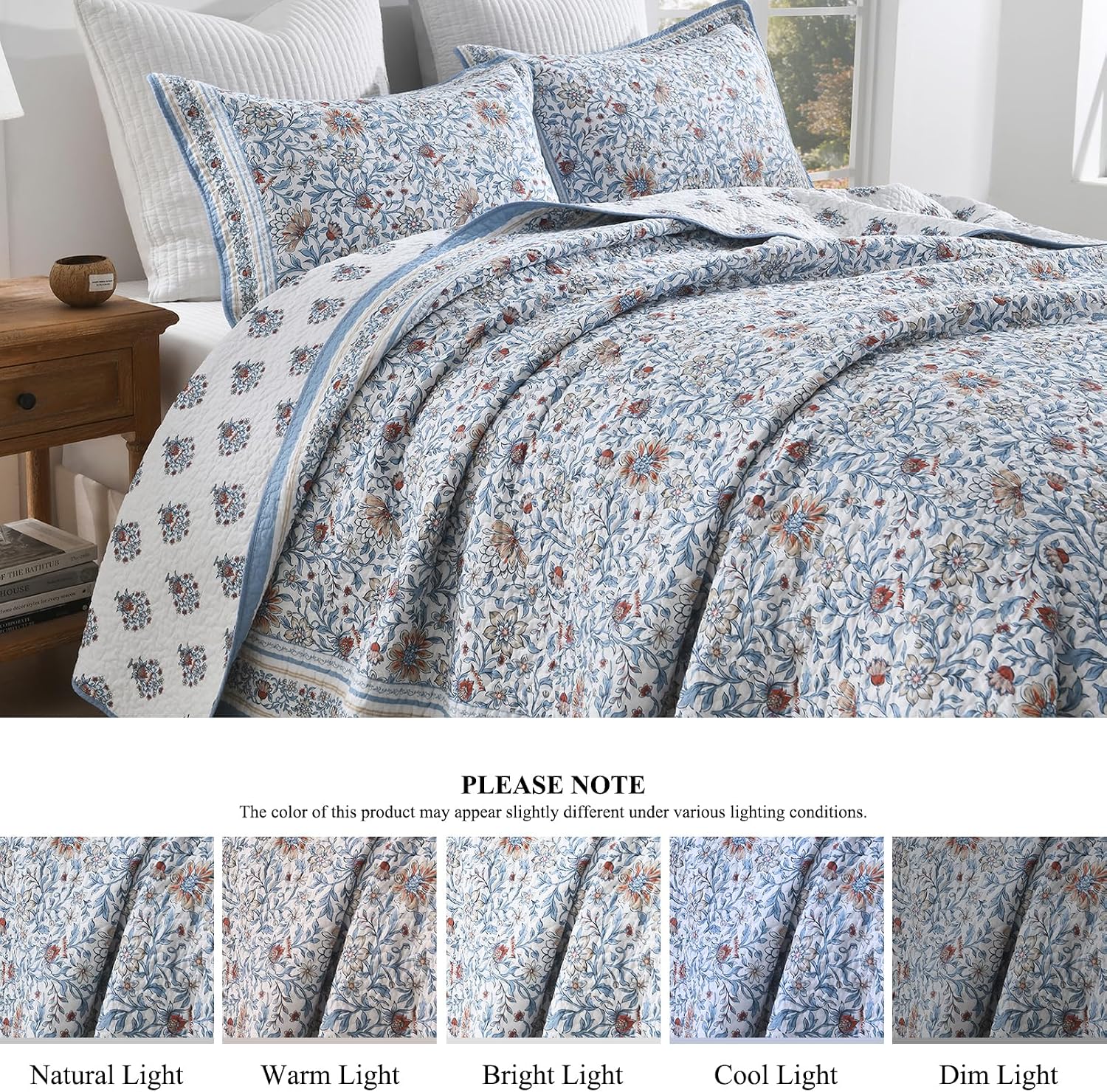 DDUOXIN 100% Cotton King Quilt Set - Botanical Floral Plant Quilts with 2 Pillow Shams, Lightweight Reversible Bedspread Bedroom Bedding for All Seasons, Baby Blue/Mecca Orange/Pebble/Star White