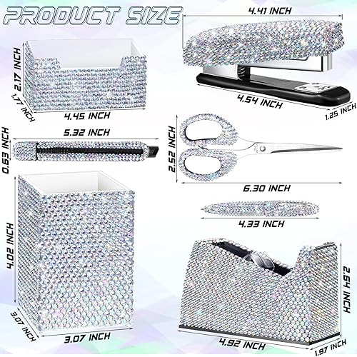 Miniatura 8 de Juego de 7 piezas de accesorios de escritorio brillantes con cristal con purpurina para mujer, dispensador de cinta de diamante, grapadora de