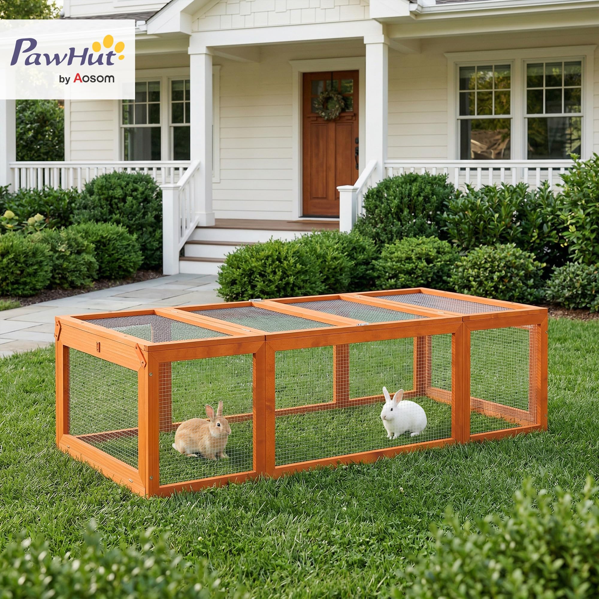PawHut Conejera Exterior de Madera 180x90x48 cm Jaulas para Conejos Grande Casa para Animales Pequeños con 3 Puertas y Alambre de Metal Natural
