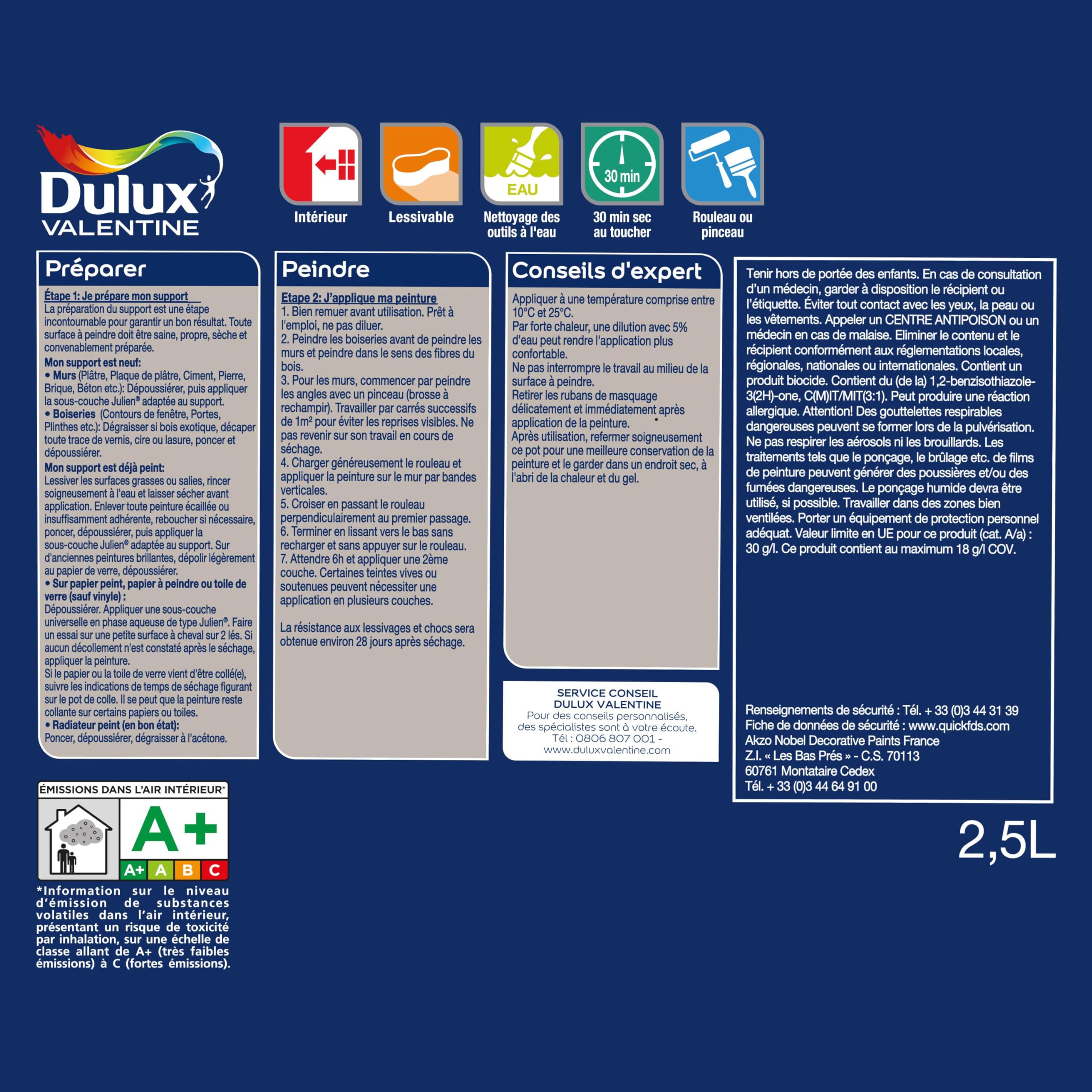 Dulux Valentine Crème de Couleur - Peinture multi-supports intérieure - Mat Lin Blanc 2,5 L