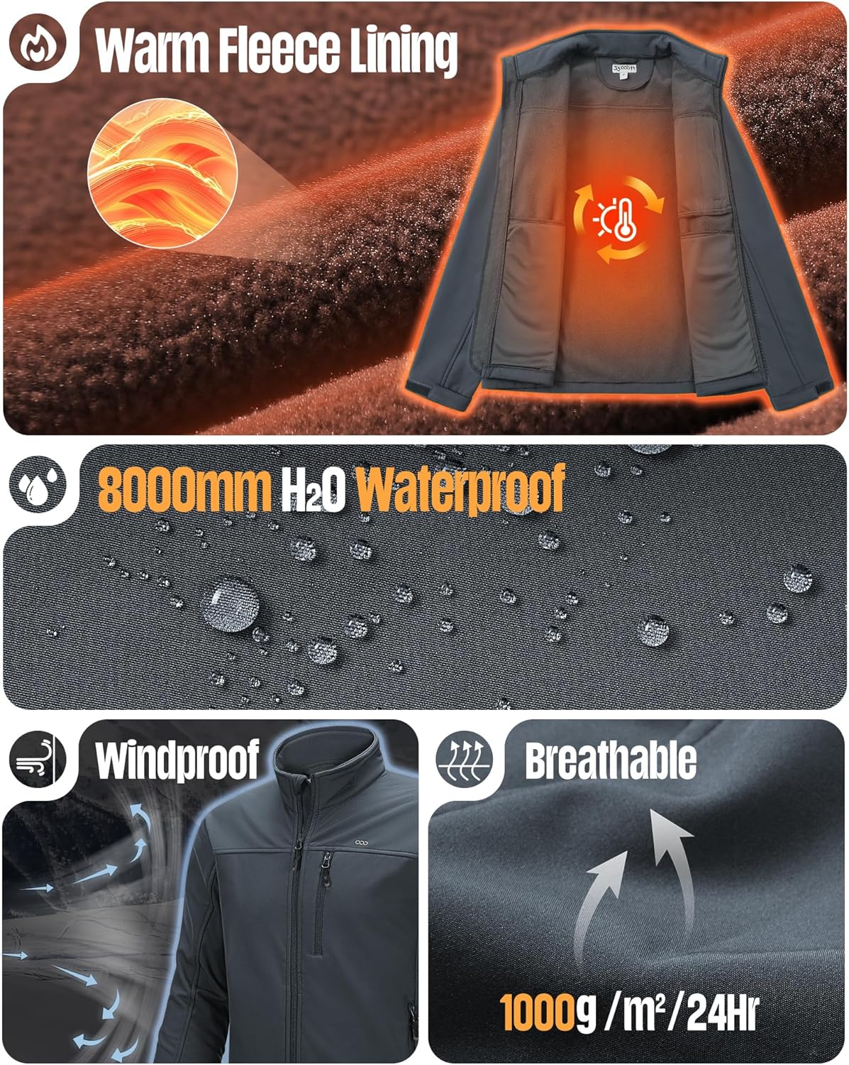 33,000ft Men's Waterproof Softshell Jacket Warm Fleece Lined Windbreaker Lightweight Soft Shell for Travel Hiking Golf - Image 4