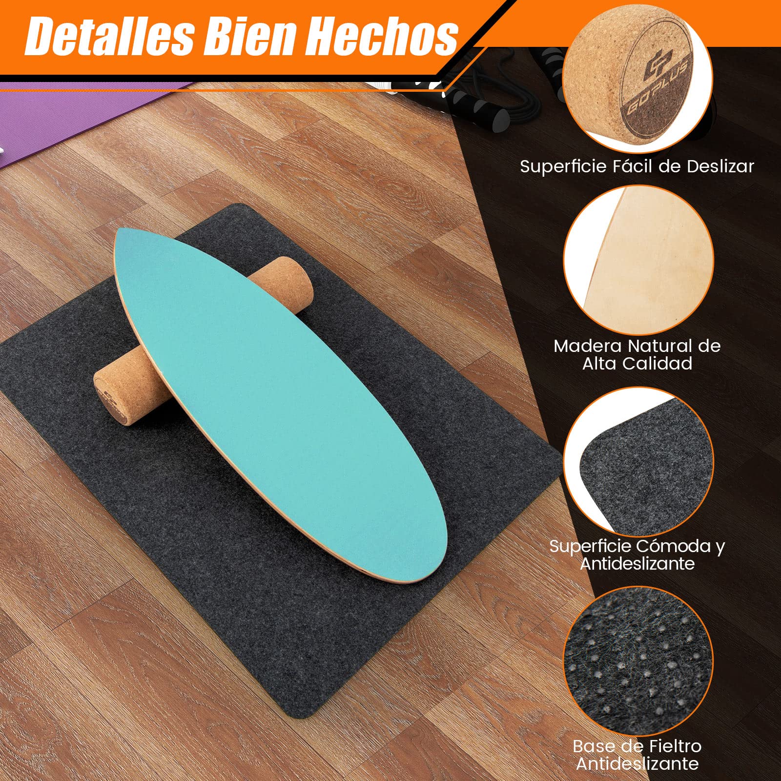 GOPLUS Tabla de Equilibrio de Madera con Rodillo de Corcho y Alfombra de Fieltro Antideslizante, Tabla de Surf Interior, Mejora la Fuerza del Tronco, Balance Board Carga Máxima 100 kg