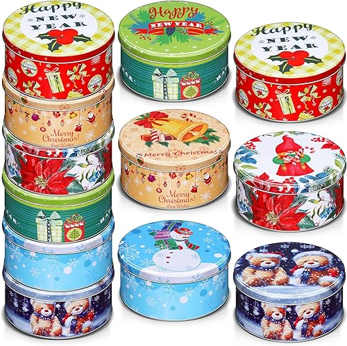 Yaomiao Paquete de 12 latas de galletas de Navidad con tapas para regalar, pequeños recipientes de lata de Navidad redondos de metal, tarros de