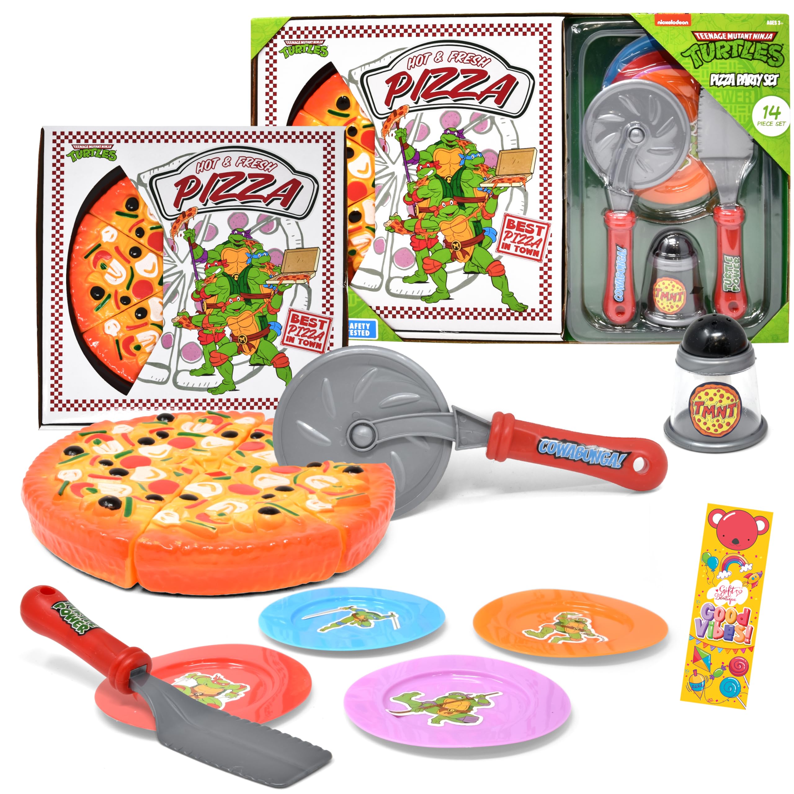 Pizza Party Play Food Toy Set for Kids Slice & Serve Plastic Pizza Pretend Box Pie Cutter Fake Condiments Play Foods & Bookmark for Children Toddlers