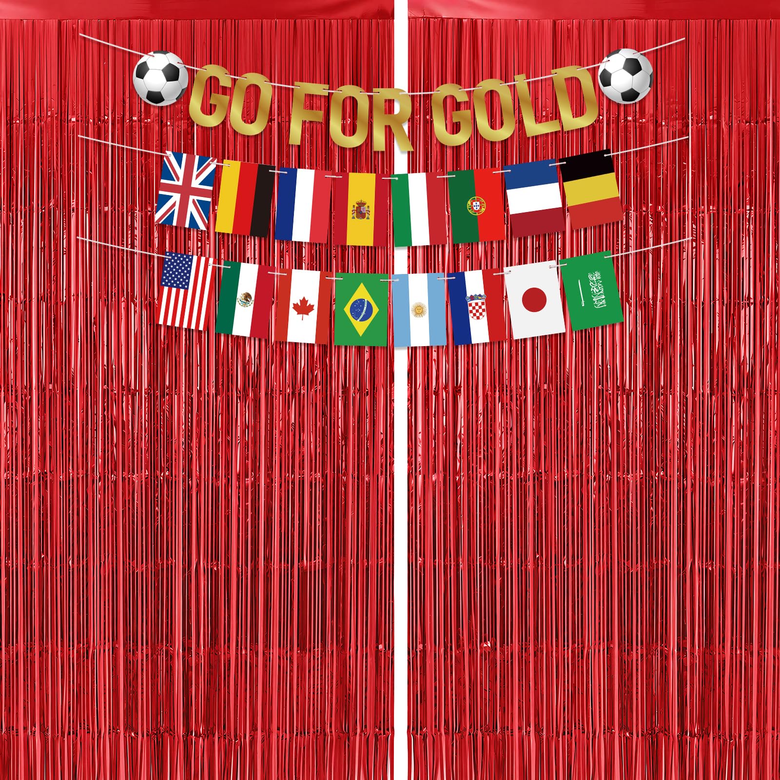 G2PLUS Party Decorations Set for World Cup Football 2026: Pre-strung Go For Gold Banner, 2PCS Flag Bunting with 2PCS Red Tinsel Fringe Curtains for Home, Bar and Garden Viewing Parties