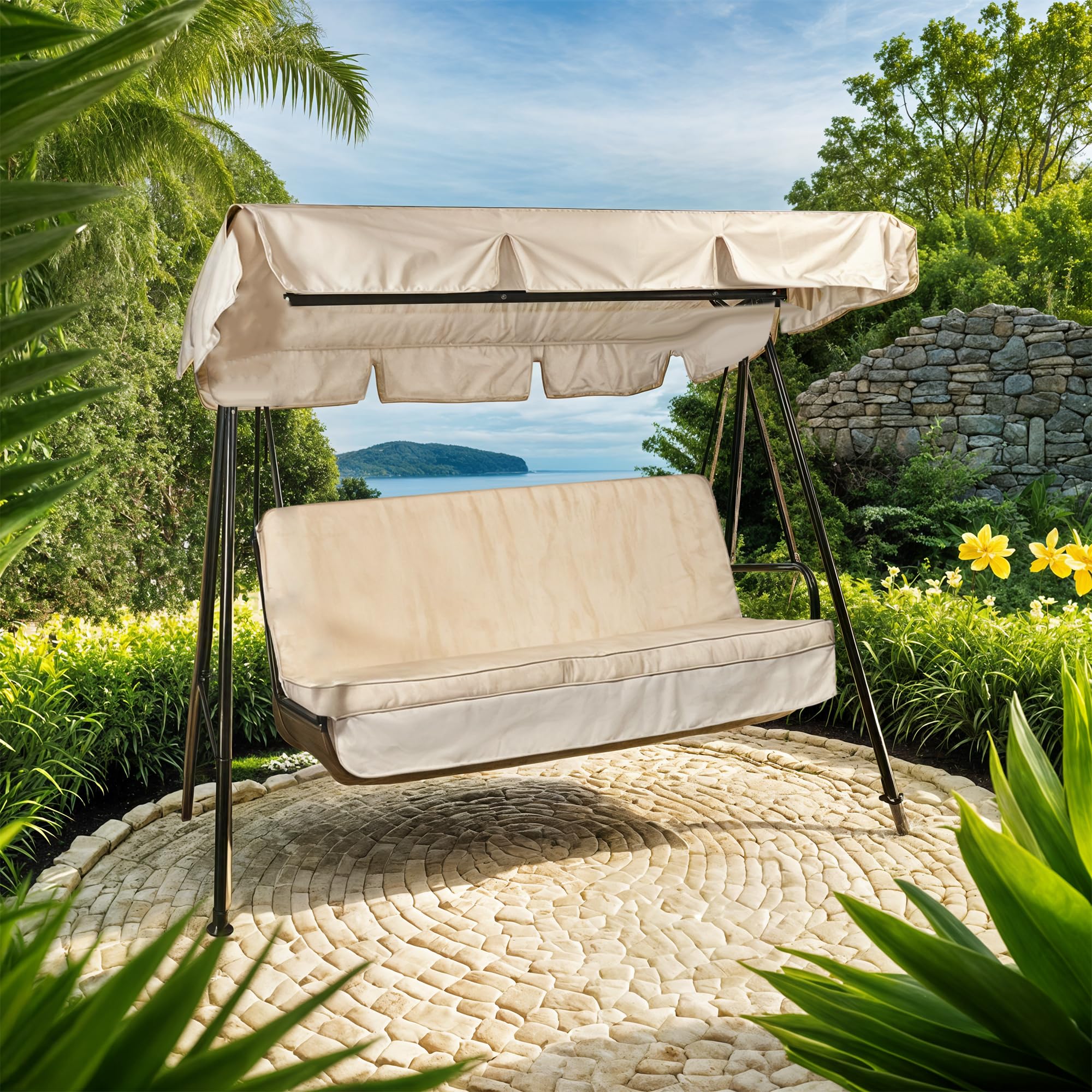 Sicignano | Set Cuscino per Dondolo da Esterni – Telo Parasole Incluso, Cotone/Poliestere con Imbottitura in Poliuretano Espanso, Ideale per Giardino Terrazza Veranda (Ecrù, 4 posti, 165x50x60h cm)