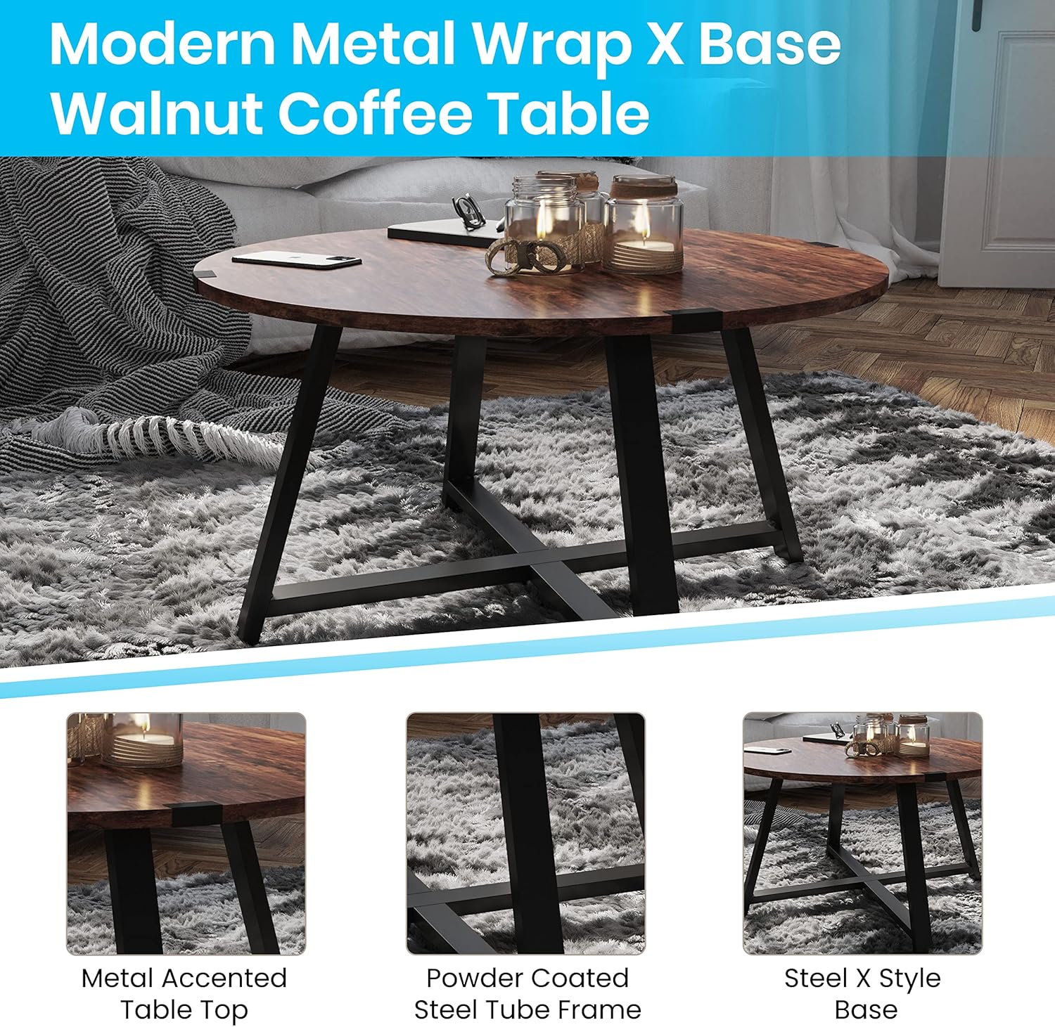Buy Merrick Lane Malta Coffee Table Walnut Wood with Black XFrame Base