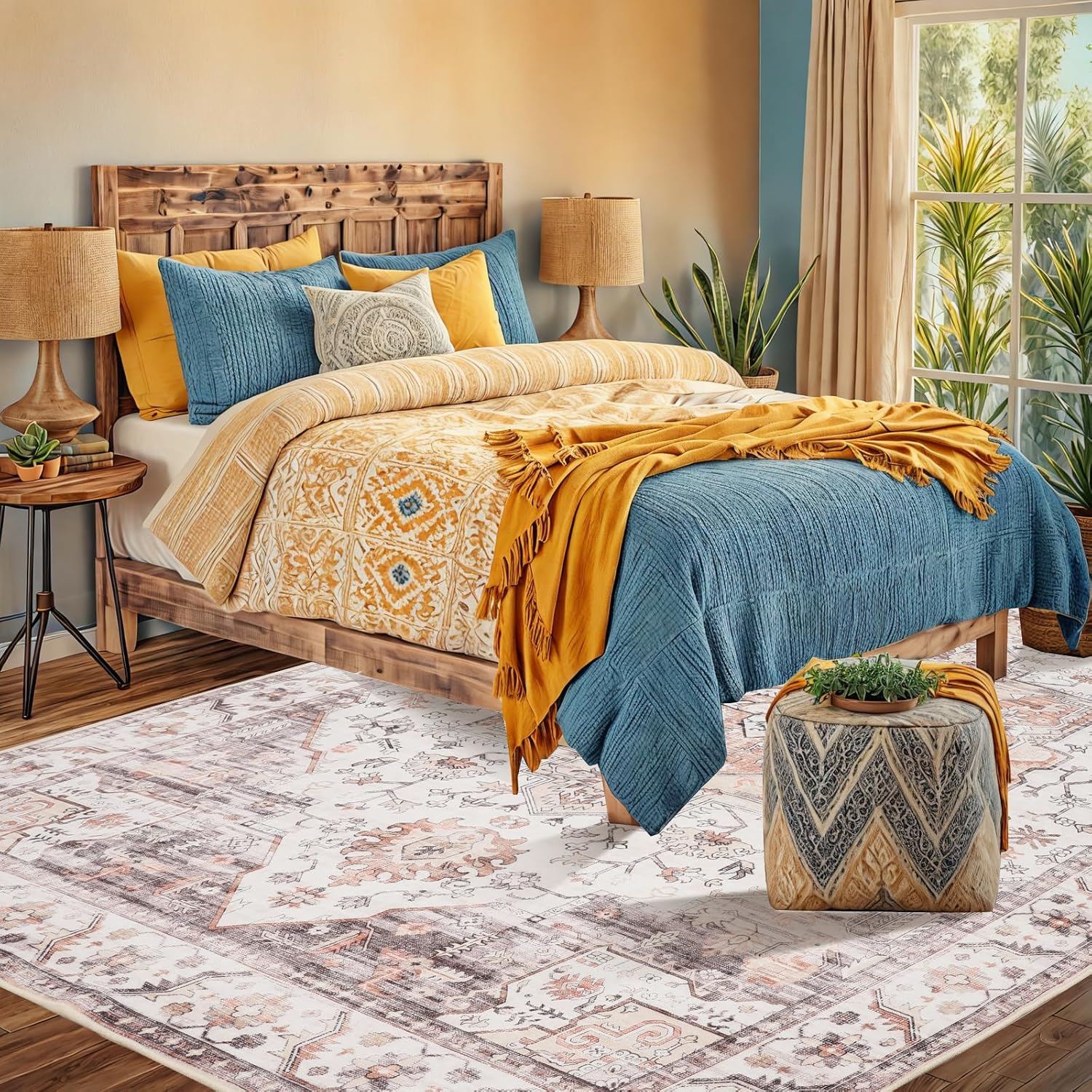 Washable 6x9 Area Rug - Living Room Large Rug Stain Resistant Carpet Vintage Carpet Bedroom Non-Slip Backing Home Decor Floor Decor Mat,Orange