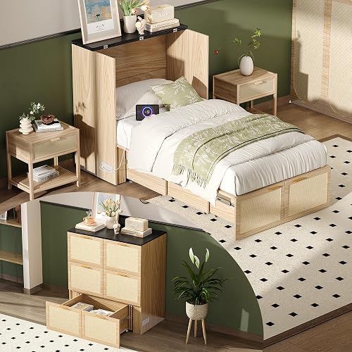 VINGLI Twin Size Rattan Murphy Bed with Storage Drawer,Charging Station, Boho,Hideaway Paltform Panel Bed for Small Spaces,Guest Room,Office,Apartment, Space-Saving Cabinet Bed,Oak White