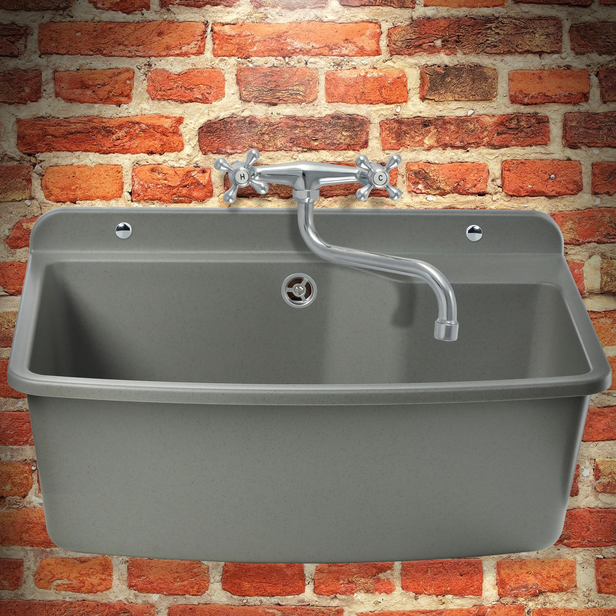 GOSPO Bassin d'évier en plastique solide avec trop-plein et siphon 61 x 44 x 23,5 cm 38 l, gris