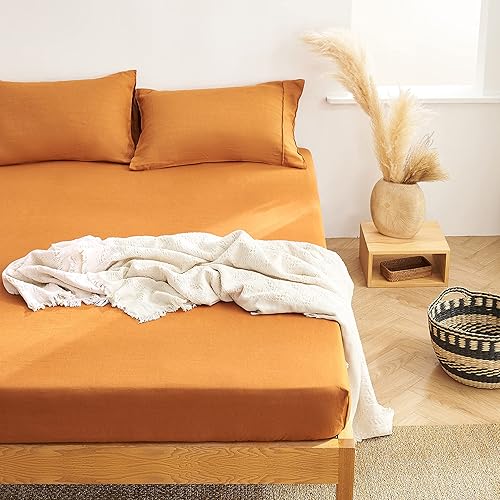 Miniatura 4 de Berklan Sábanas bajeras de lino 100% lino francés con bolsillo profundo de 16 pulgadas totalmente elásticas de alta cantidad de hilos (caramelo,