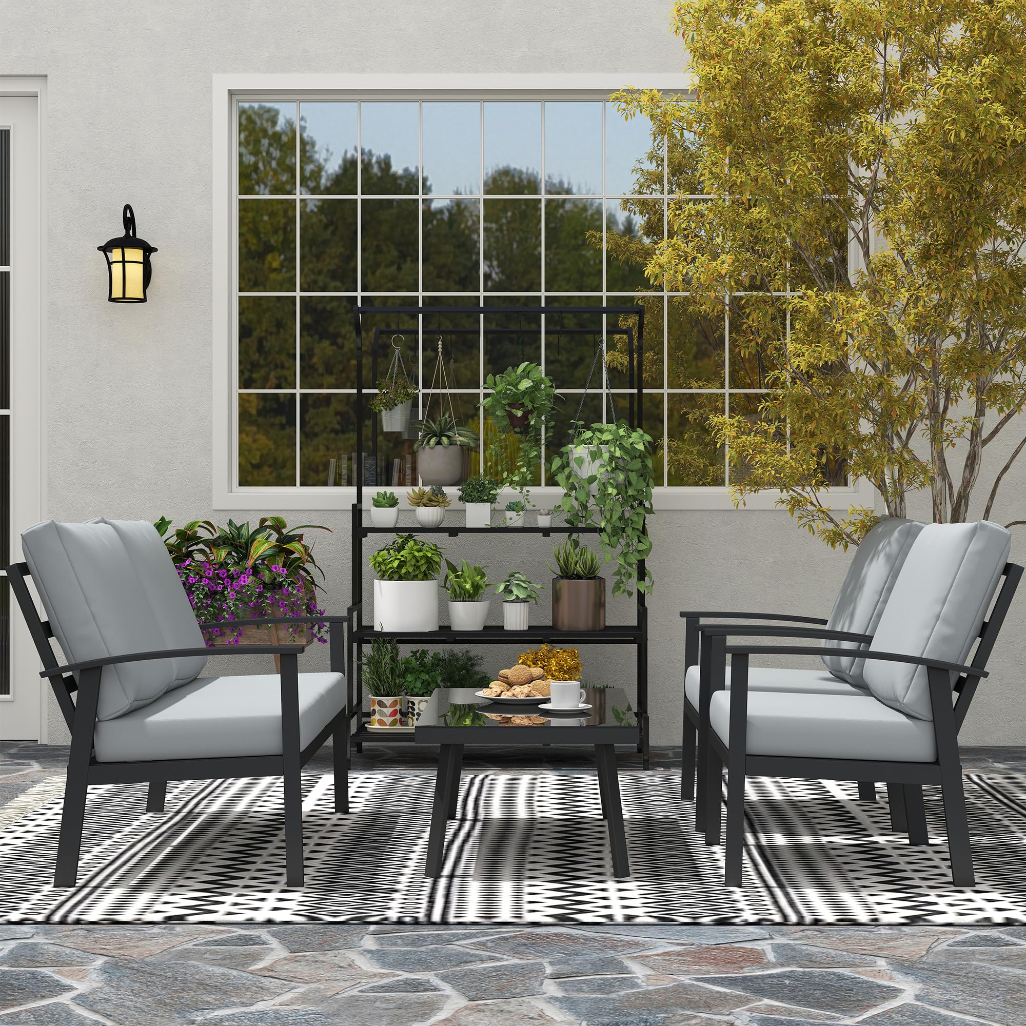 Outsunny Set Salotto da Giardino da 4 Pezzi in Alluminio, Set di Mobili con Divanetto da Esterno a 2 Posti, 2 Poltrone e Tavolo da Caffè con Piano in Vetro e Cuscini Sfoderabili, Grigio Carbone