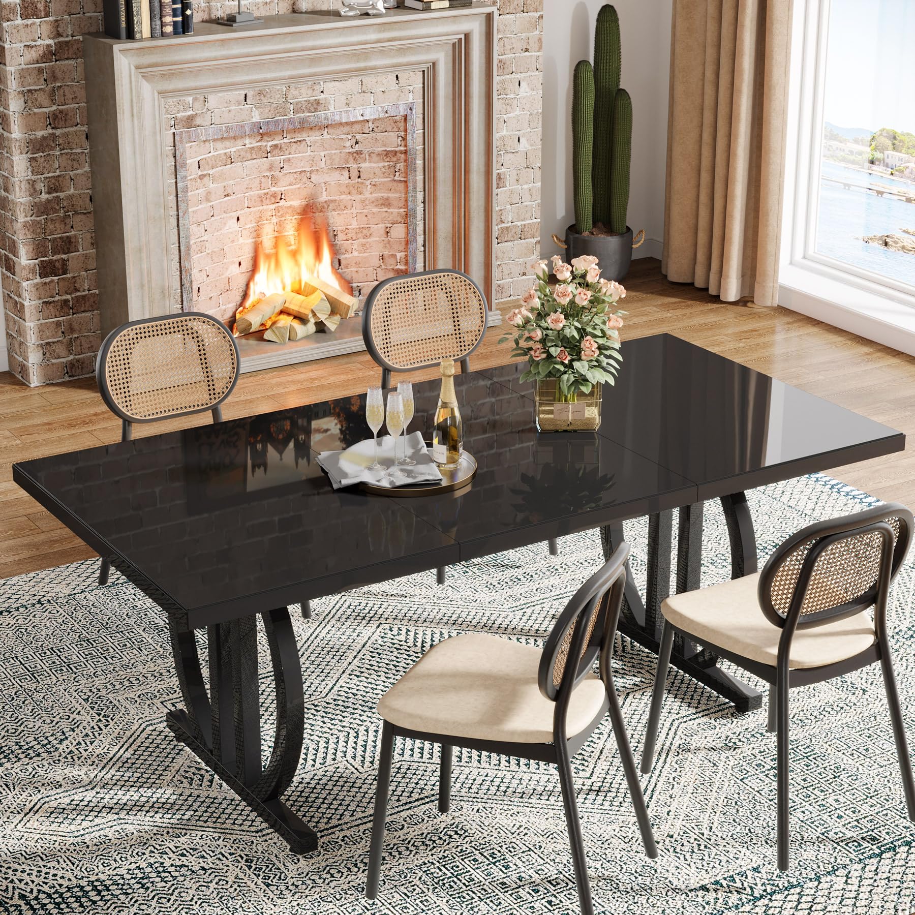 Tribesigns Mesa de comedor para 4-6 personas, 160 x 80 cm, mesa de comedor negra con marco de metal pesado, moderna mesa de cocina rectangular industrial mesa de comedor para la cocina del hogar
