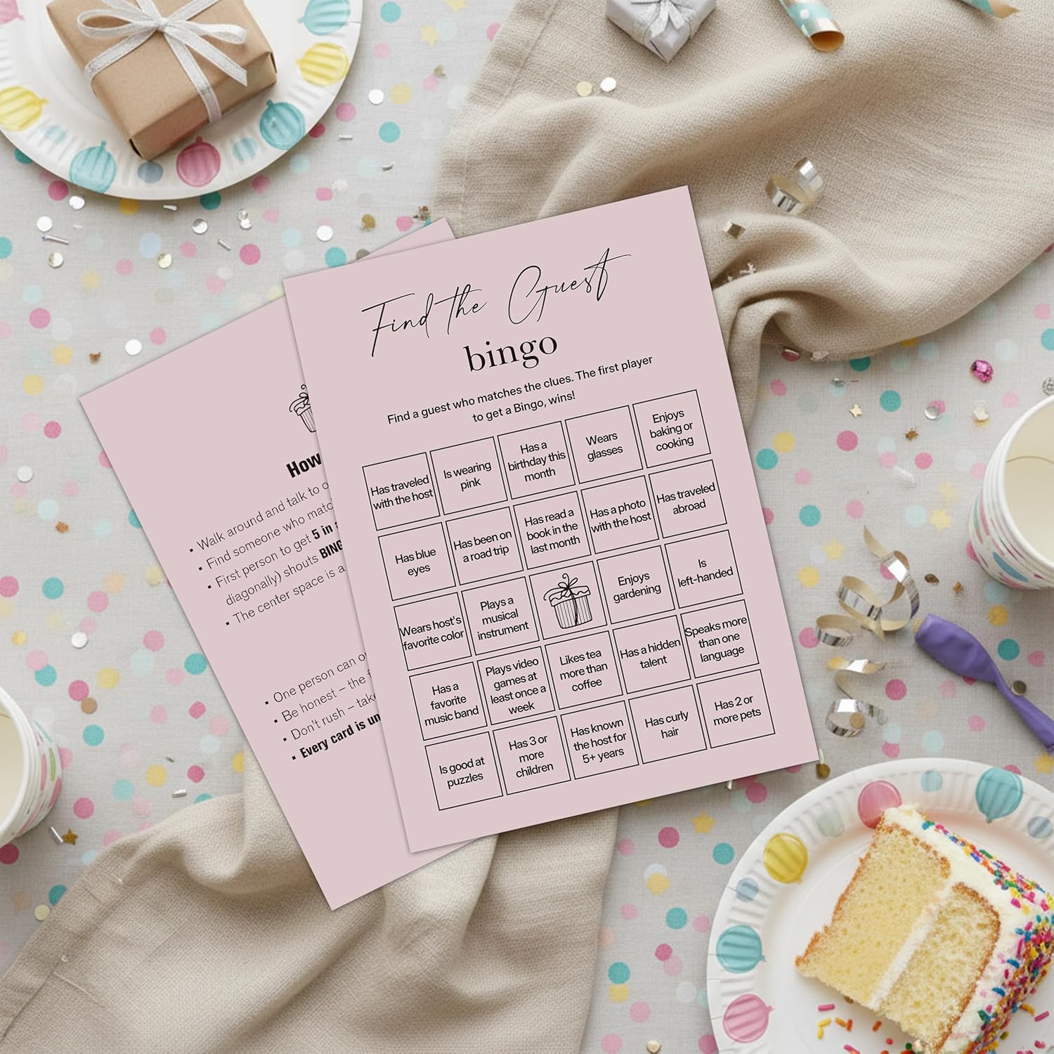 Find The Guest Bingo Cards – 25 Unique Cards, Icebreaker Party Games for Adults, Rustic Blush Pink Mingle Activity for Birthday Parties, Family Reunions, Office Events & Friendsgiving