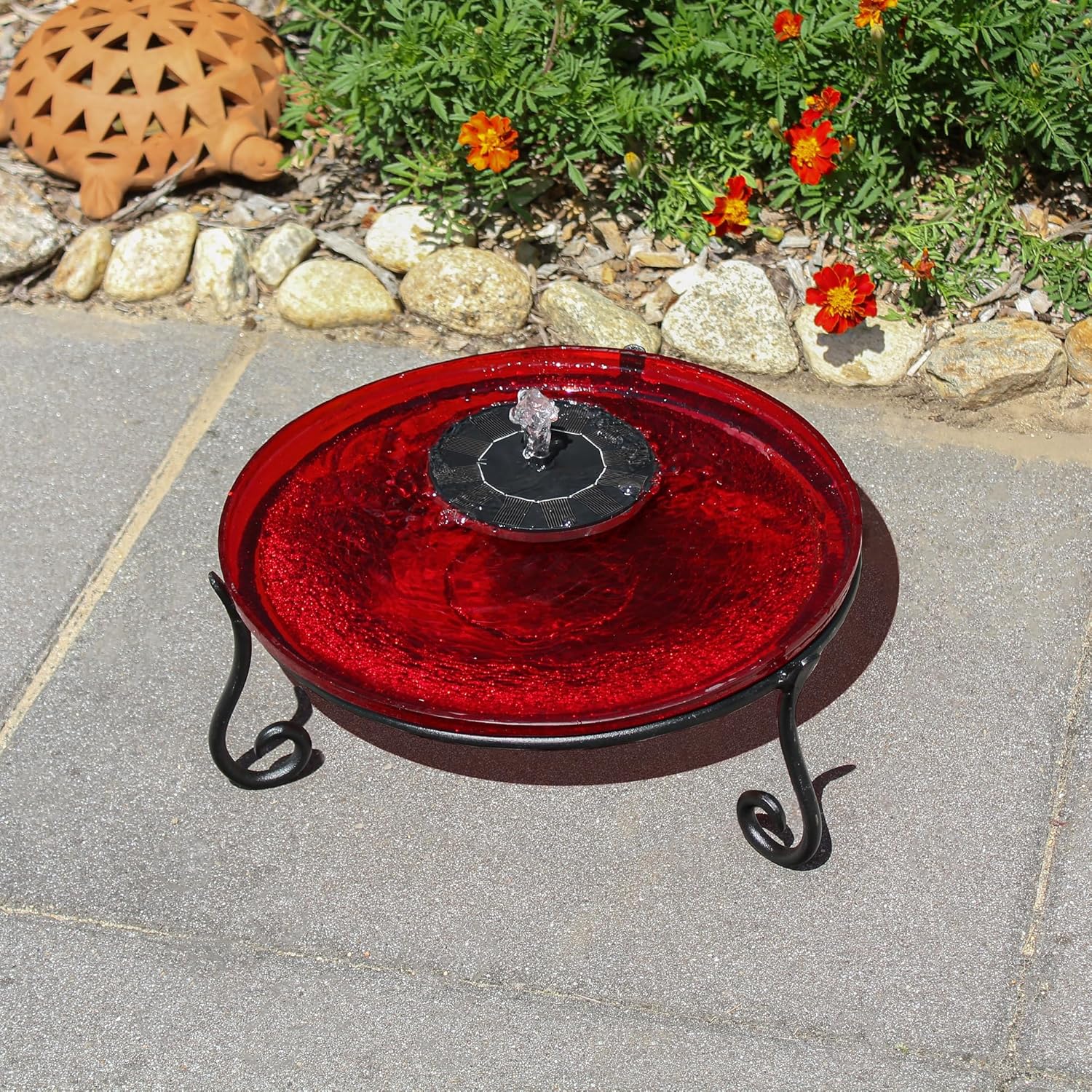 14" Red Crackle Birdbath- Short Stand II