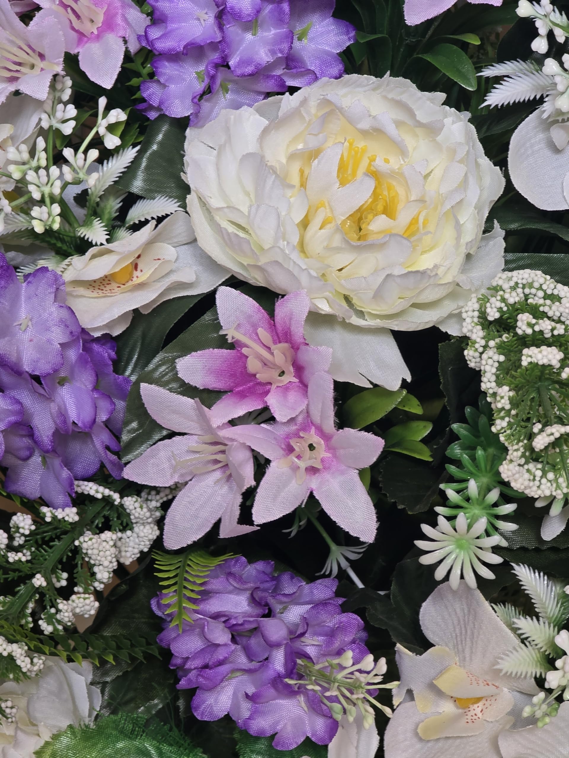 DRW Centro de Flores Artificiales Cementerio, Iglesia Bodas sepulturas Malva y Blanco con gerberas, liliums, Lilas y peonias 65x40x60 cm