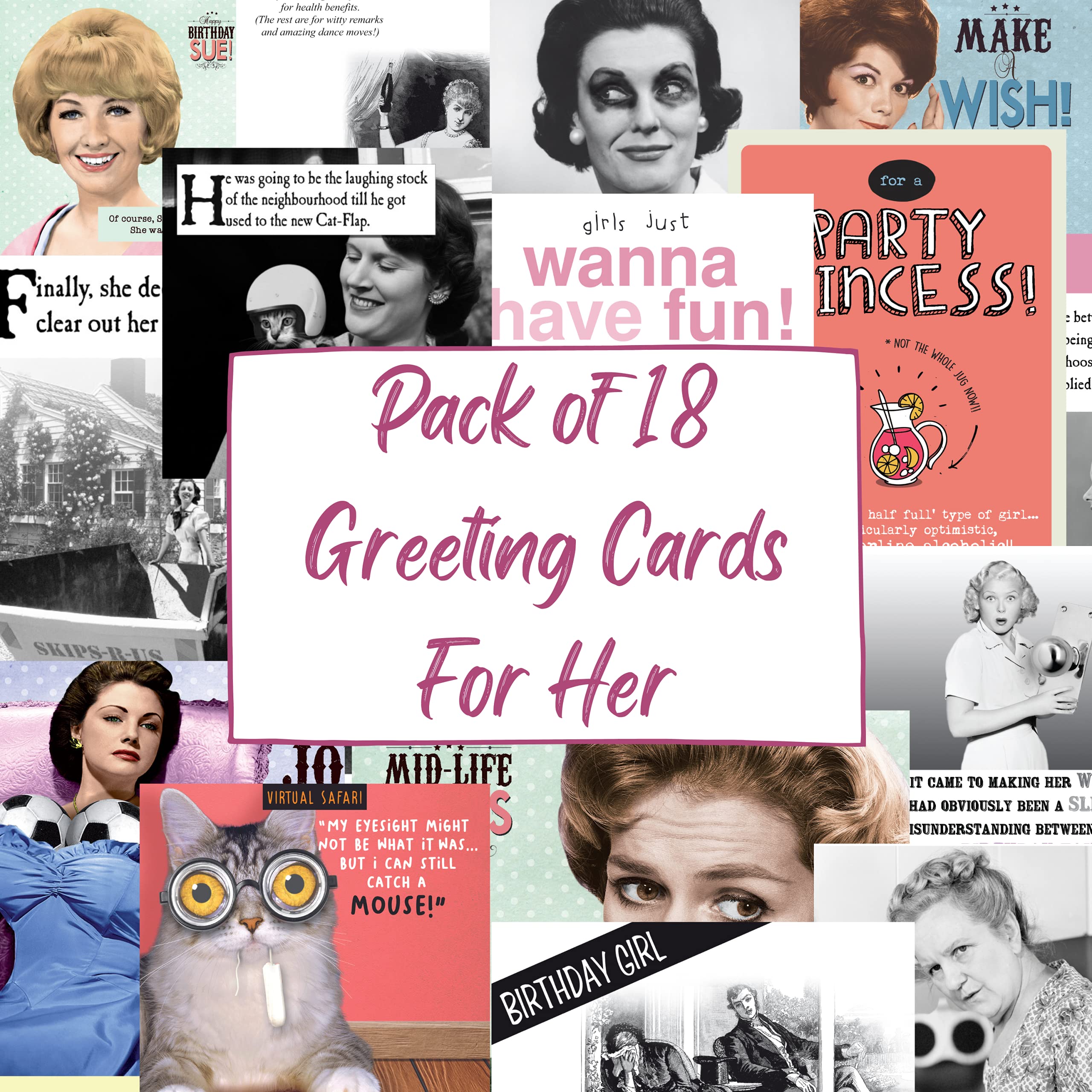Emotional Rescue 18 Funny Birthday Cards for Her, Pack of Assorted Birthday Cards for Women, Multi-Coloured