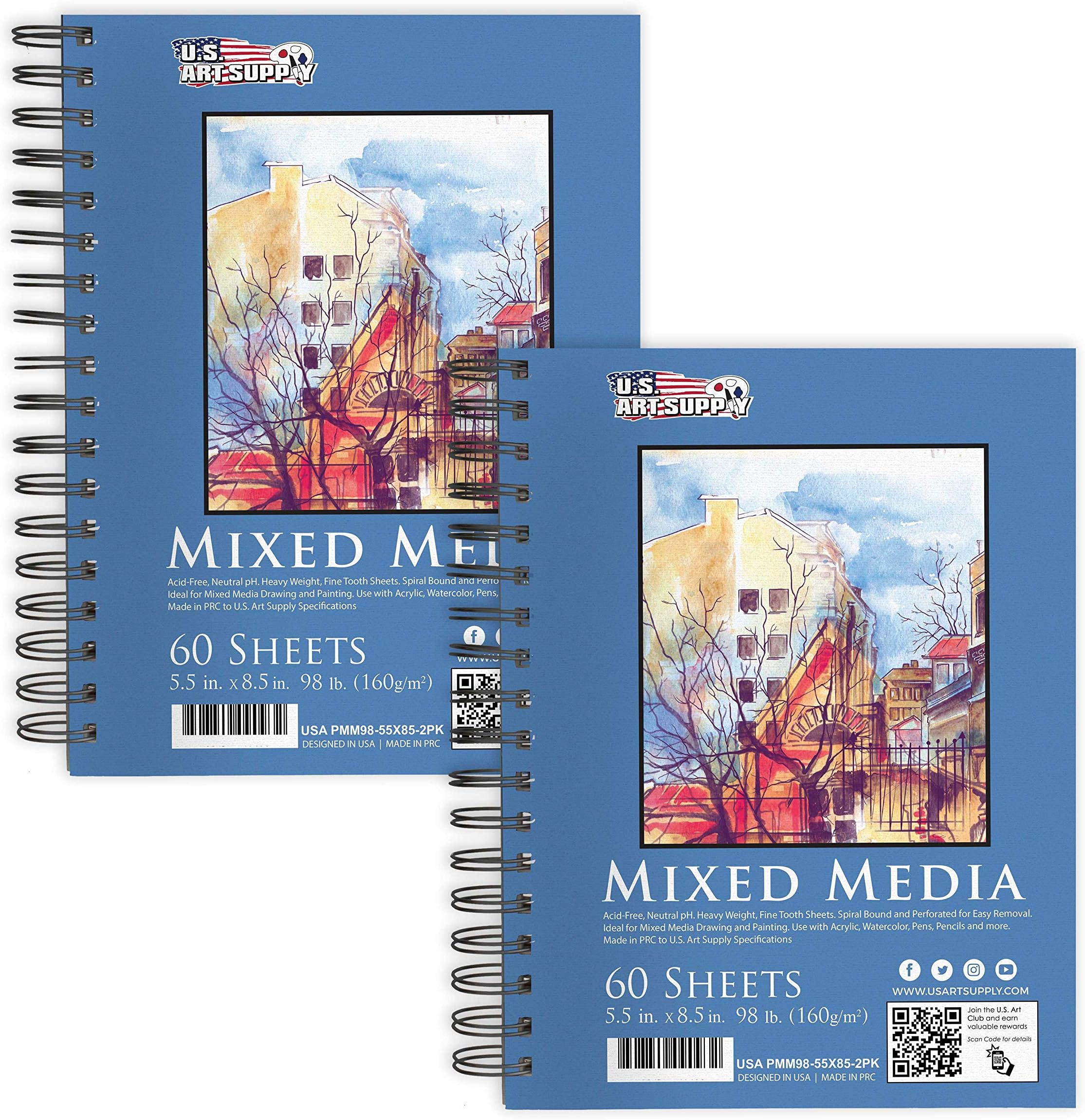 5.5"x8.5" Mixed Media Sketchbook, 2 Pack (60 Sheets), 98 lb (160 GSM) - Spiral-Bound Pad with Perforated Acid-Free Paper - Artist Sketch Book for Drawing, Painting, Watercolor