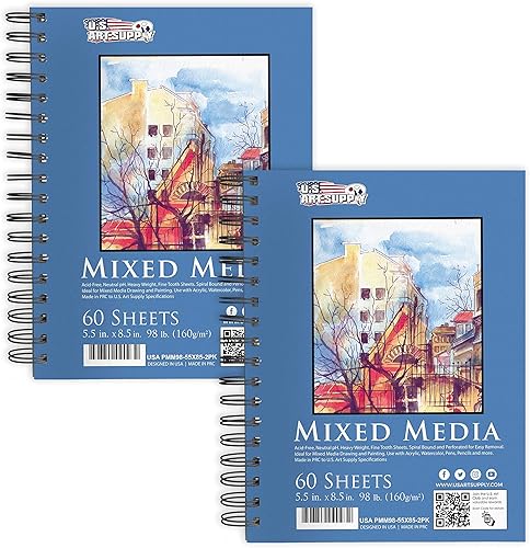 U.S. Art Supply Cuaderno de bocetos mixto de 5.5 x 8.5 pulgadas, paquete de 2 (60 hojas), 98 libras (160 GSM) - Bloc encuadernado en espiral con