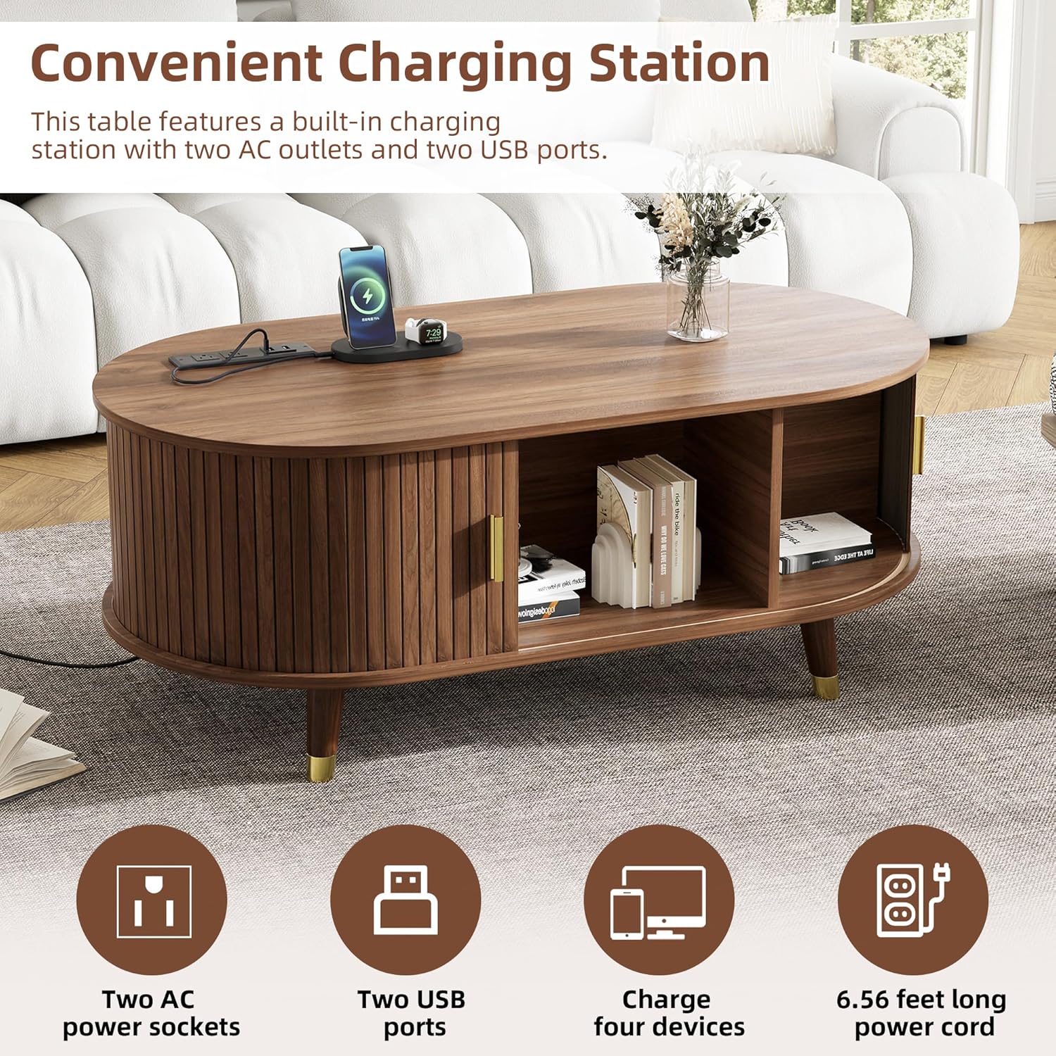 Merax Wooden Farmhouse TV Stand & Coffee Table Set with Charging Station,Oval Fluted Media Console with Sliding Doors for TVs up to 80", Mid-Century Center Table with Wood Legs for Living Room,Walnut