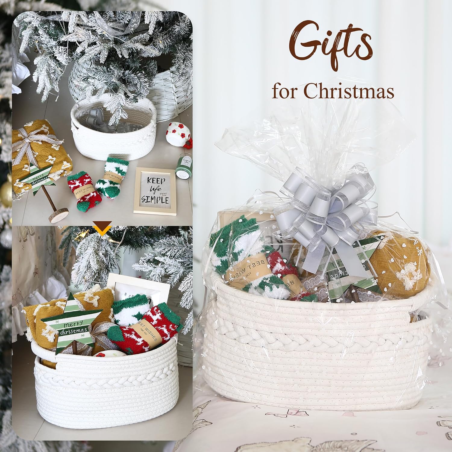Sea Team Woven Cotton Rope Gift Basket with Gift Bags & Ribbons, Empty Storage Basket, Baby Shower Present, Pet Gift or Nursery Storage Bin, 13.4 x 9.1 x 7.1 Inches, White