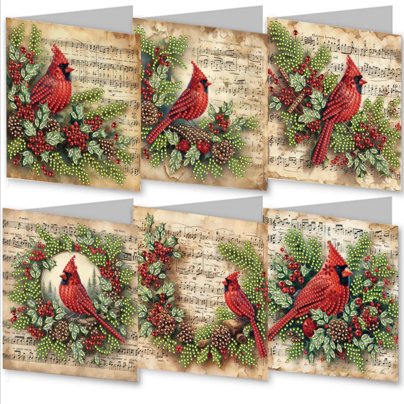 Awesocrafts 6pcs Diamond Art Christmas Cards Kits Red Bird Musical Note, DIY Diamond Painting Cards Sets, 5D Diamond Art Cards with Envelopes, Postcards for Handmade, Xmas 30 * 15cm (Bird) โ image 1