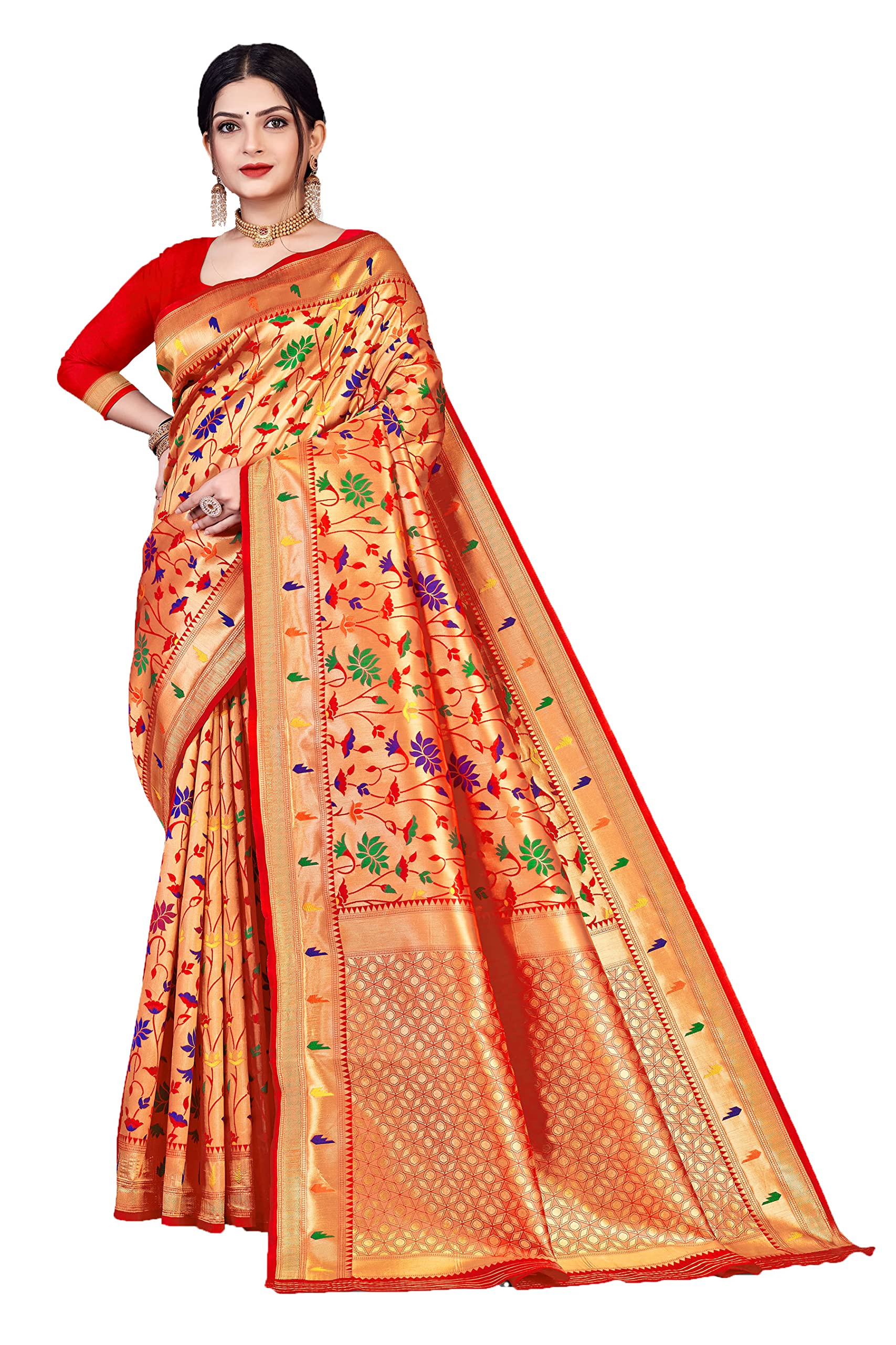 Women's Paithani Silk Saree With Zari Work & Blouse Piece