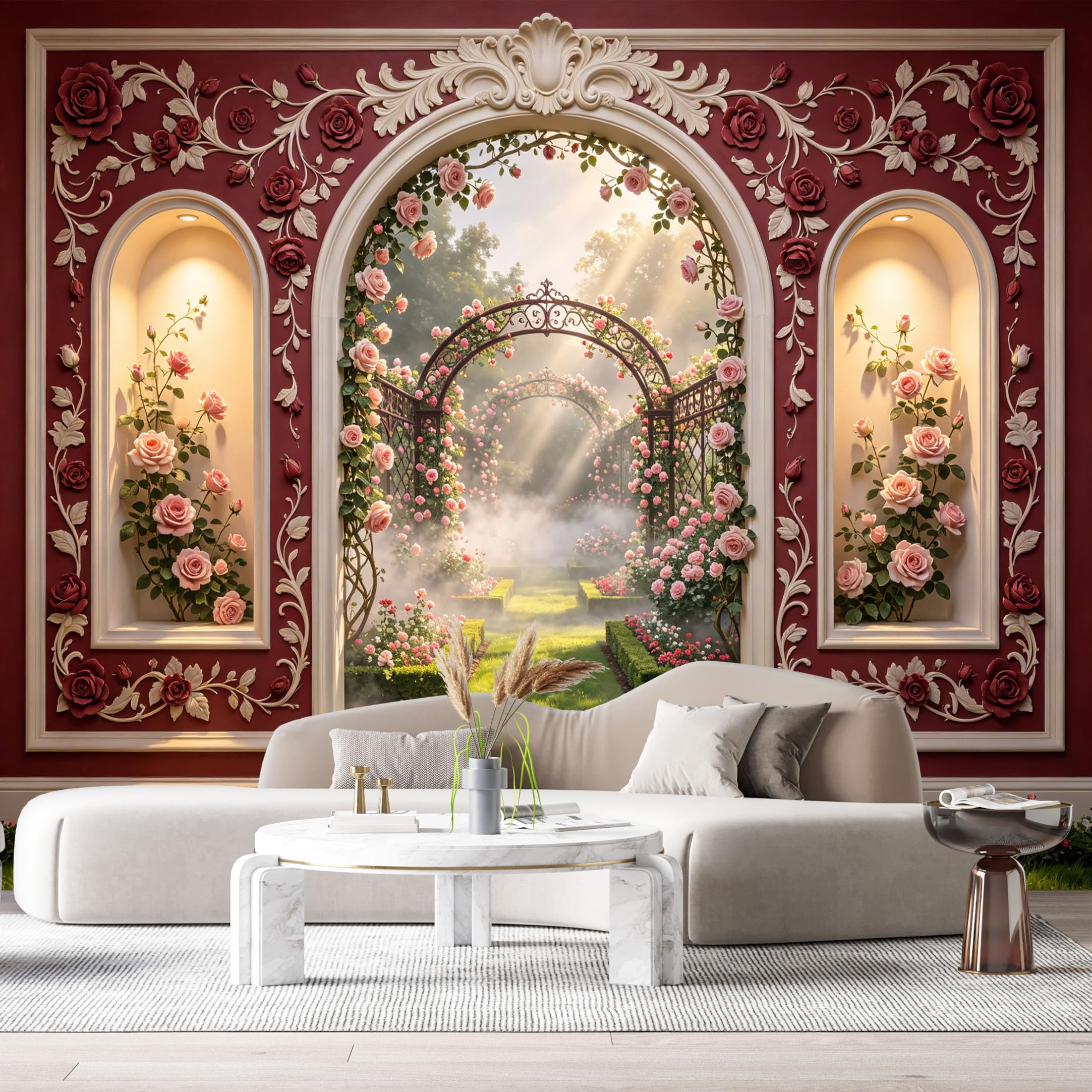 Custom Size Wall Murals Rose Arch Garden Landscape 3D Trompe L'Oeil SelfAdhesiveWall Fabric Removable Wallpaper Wall Decor for Living Room Bedroom Bathroom