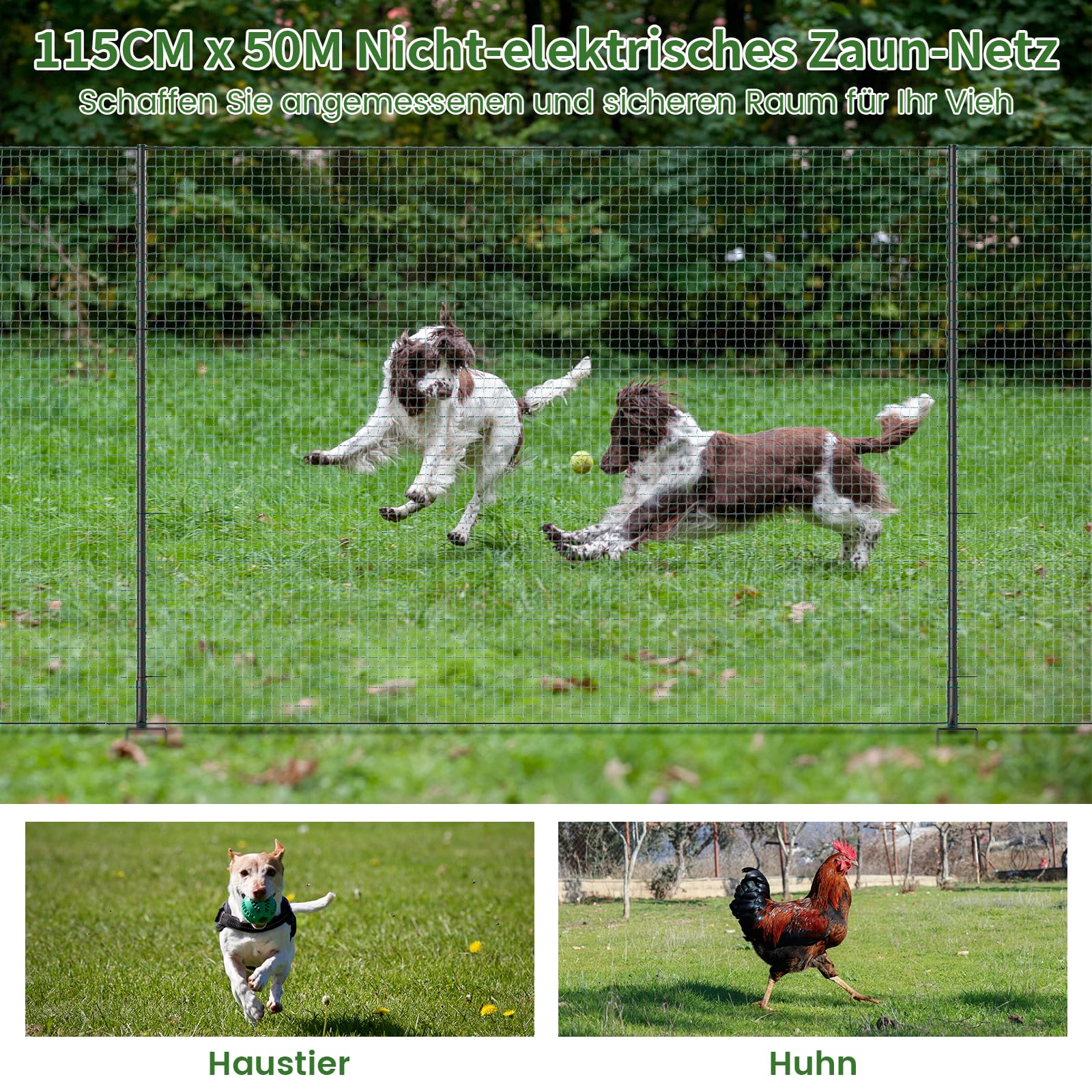 Hühnerzaun 50m L x 100cm H - Nylon Geflügelnetz Engmaschig, Stabil & Langlebig - Mobiler Hundezaun Steckzaun Haustierzaun Begrenzungszaun Katzenzaun - Freilaufgehege Hühner