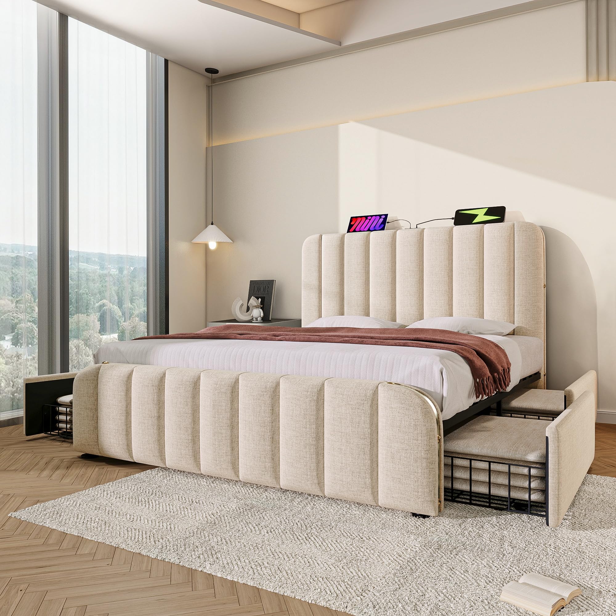 Cama tapizada de 180 x 200 cm, cama de matrimonio con 4 cajones y puerto USB Tipo-C de tela de lino, cabecero tapizado con acabados dorados, para adultos y niños, sin colchón, beige