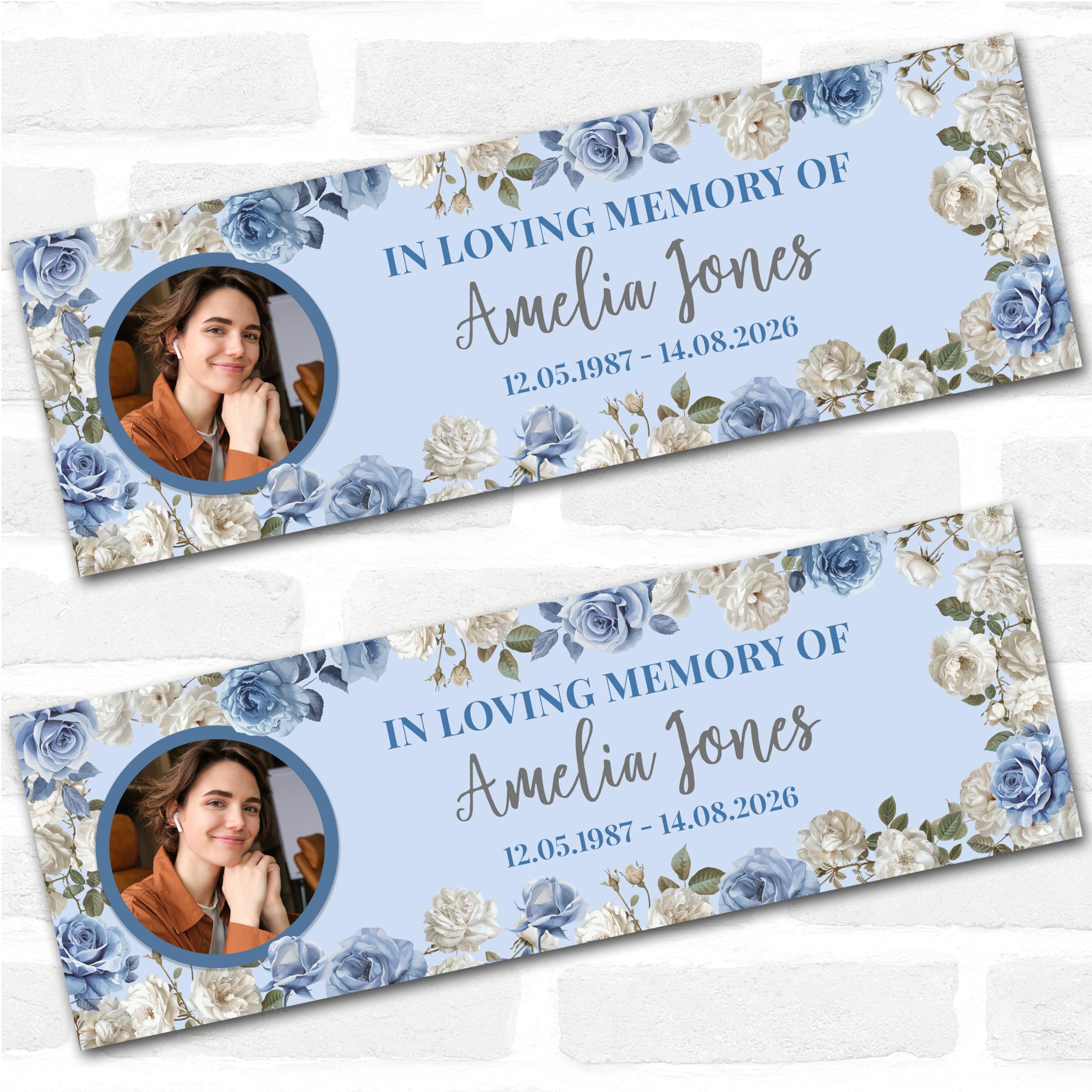 Personalised Party Banner For Funeral Wake Loving Memory Female Photo Blue | Custom Large Party Decoration, Event Banner, Backdrop, Décor, Signage. 3 ft x 1 ft | 4.5 ft x 1.5 ft | 6 ft x 2 ft