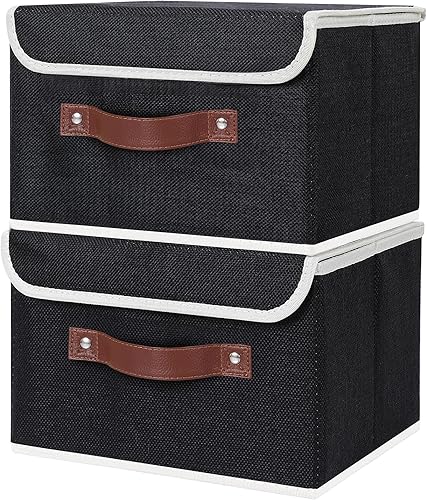 Miniatura 195 de ANMINY 2 contenedores de almacenamiento con tapa, asas de piel sintética, cajas de almacenamiento de plástico PP, decorativas, plegables, de tela