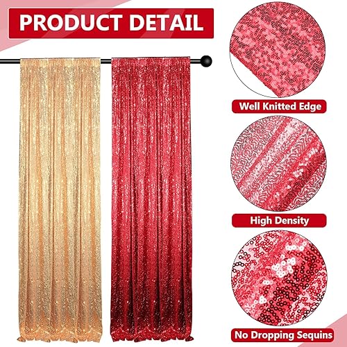 Miniatura 3 de Tatuo 4 paneles de cortina de fondo de lentejuelas de oro rojo de 2 x 8 pies, fondo brillante para fotografía de fiesta, felicitaciones, graduación,