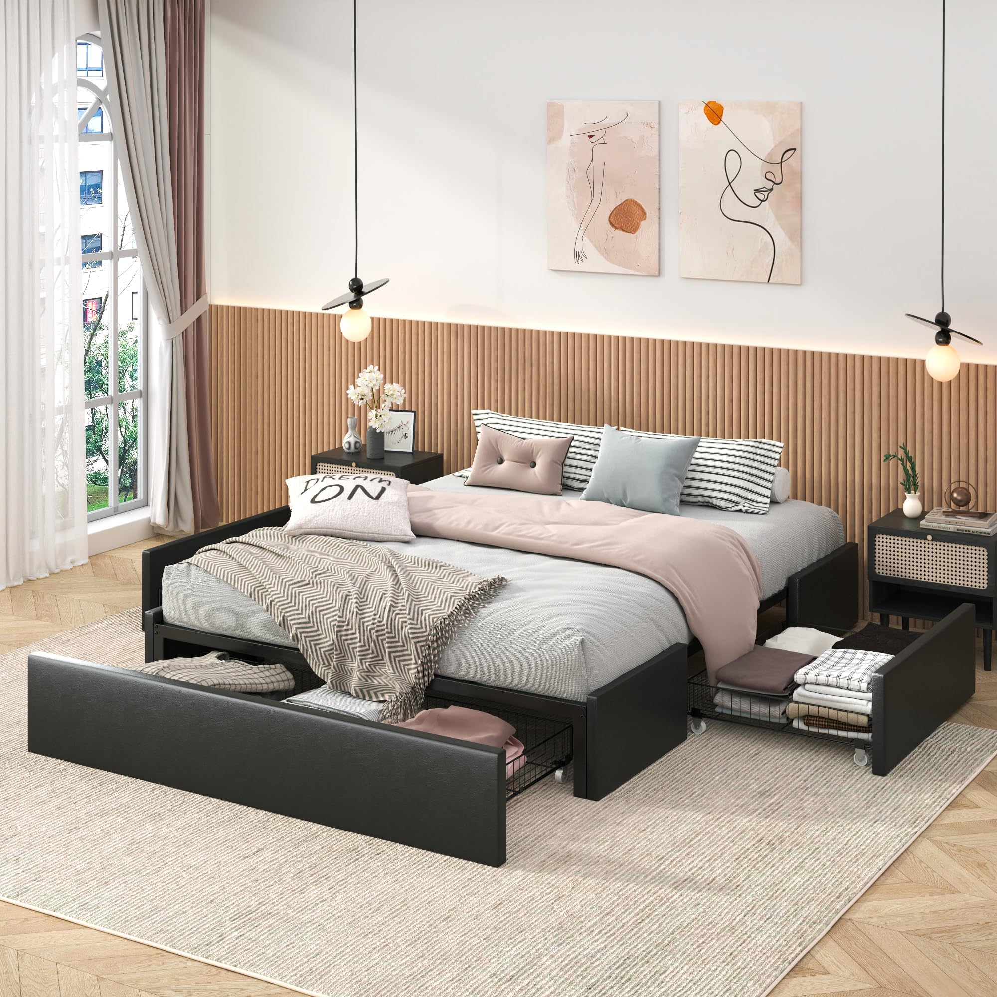 SHA CERLIN Modern Full Platform Bed Frame with 3 Storage Drawers/Wing Side Panel Design/Faux Leather Upholstered/Mattress Foundation/Noise Free/Easy